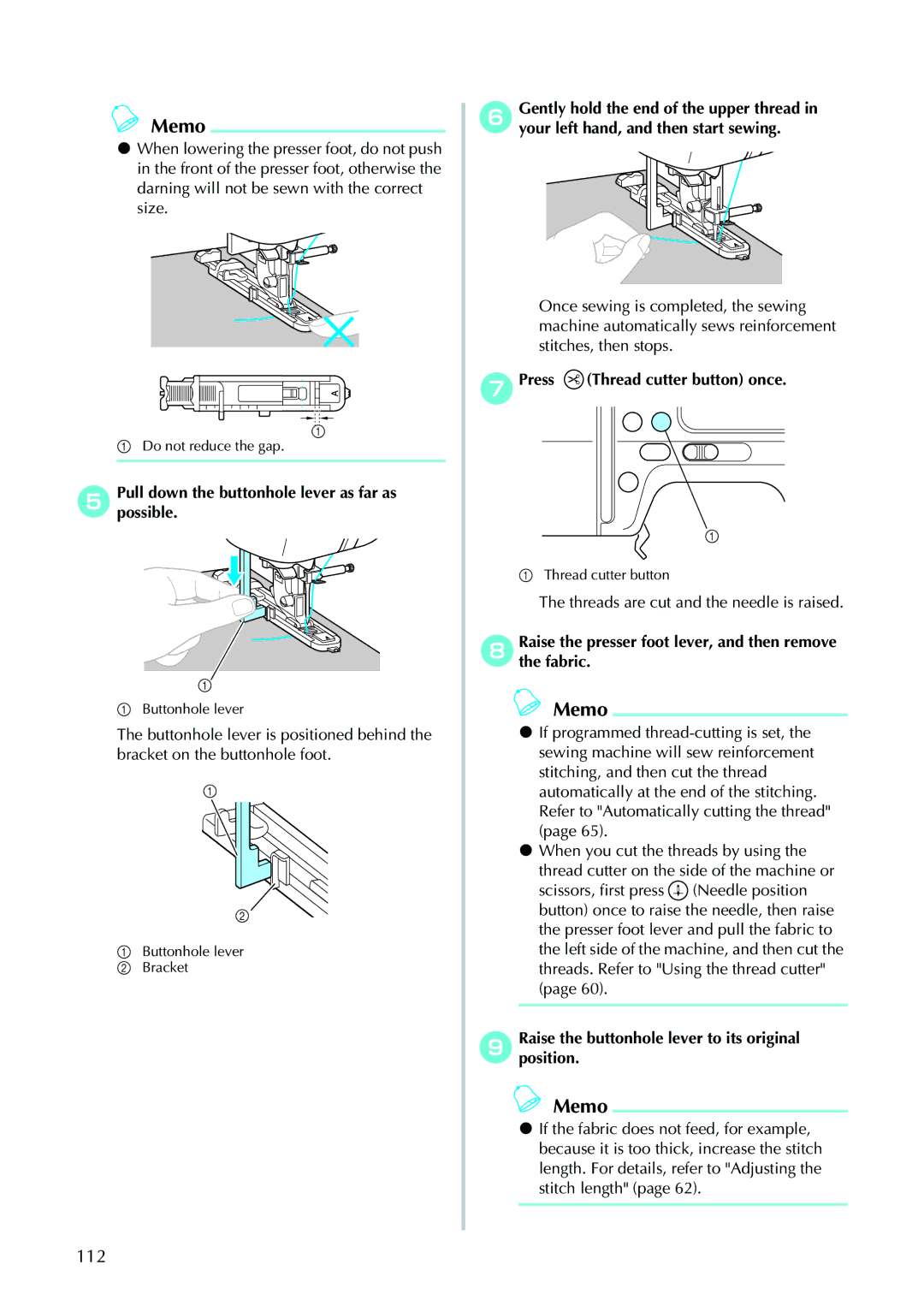 Brother 885-V95/V96/V97/V98 operation manual 112, Pull down the buttonhole lever as far as possible 