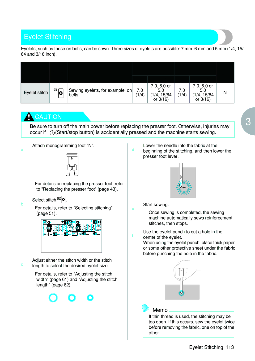 Brother computerized embroidery and sewing machine, 885-V95/V96/V97/V98 Eyelet Stitching, Attach monogramming foot N 