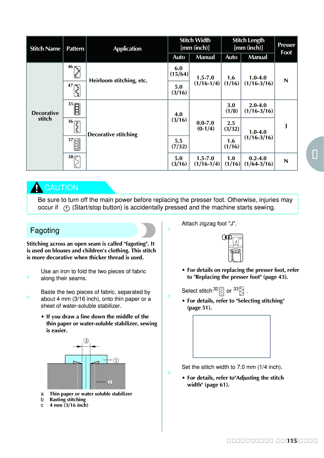 Brother computerized embroidery and sewing machine operation manual Fagoting, Decorative Stitching, CAttach zigzag foot J 