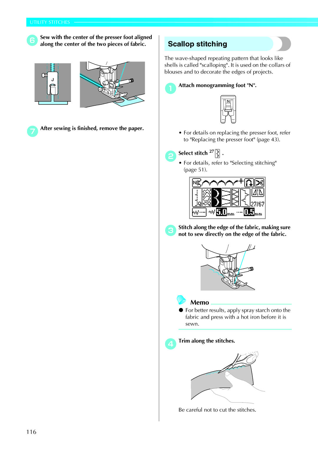 Brother 885-V95/V96/V97/V98, computerized embroidery and sewing machine operation manual Scallop stitching, 116 