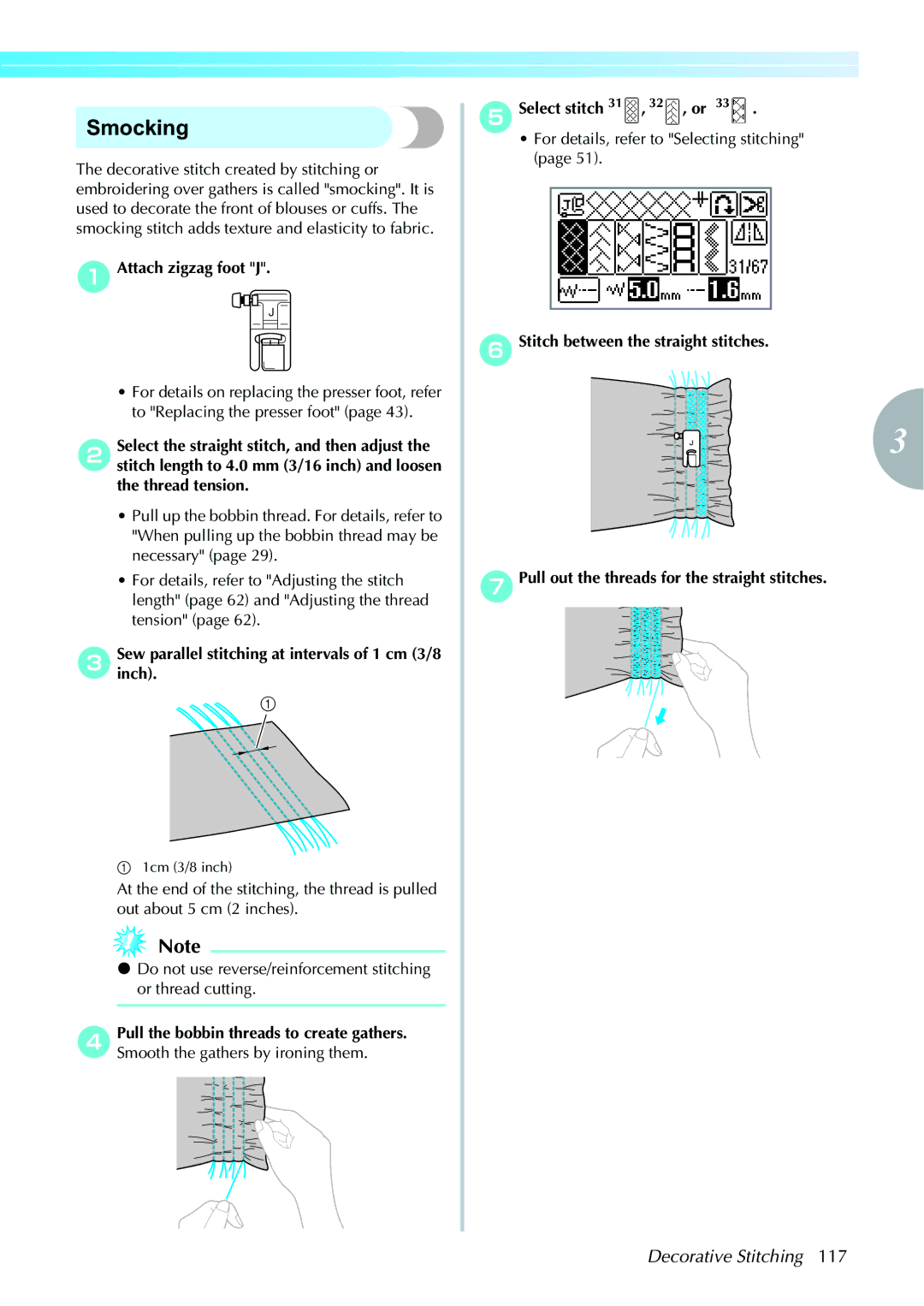 Brother computerized embroidery and sewing machine Smocking, Sew parallel stitching at intervals of 1 cm 3/8 inch 