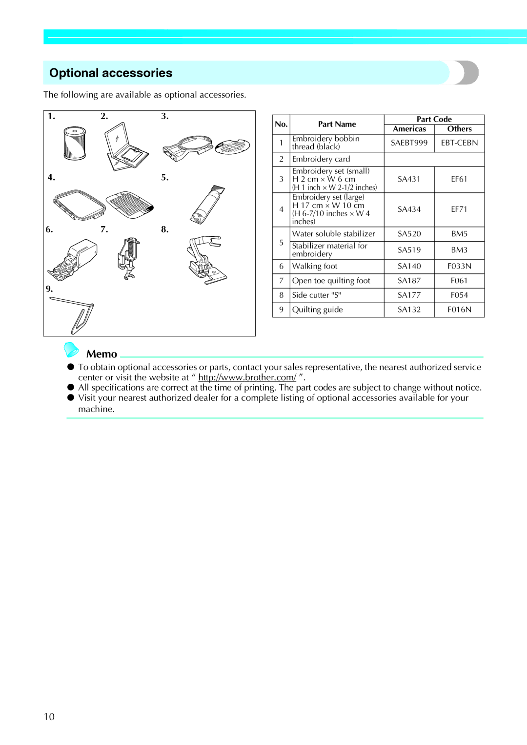 Brother 885-V95/V96/V97/V98 operation manual Optional accessories, Following are available as optional accessories 