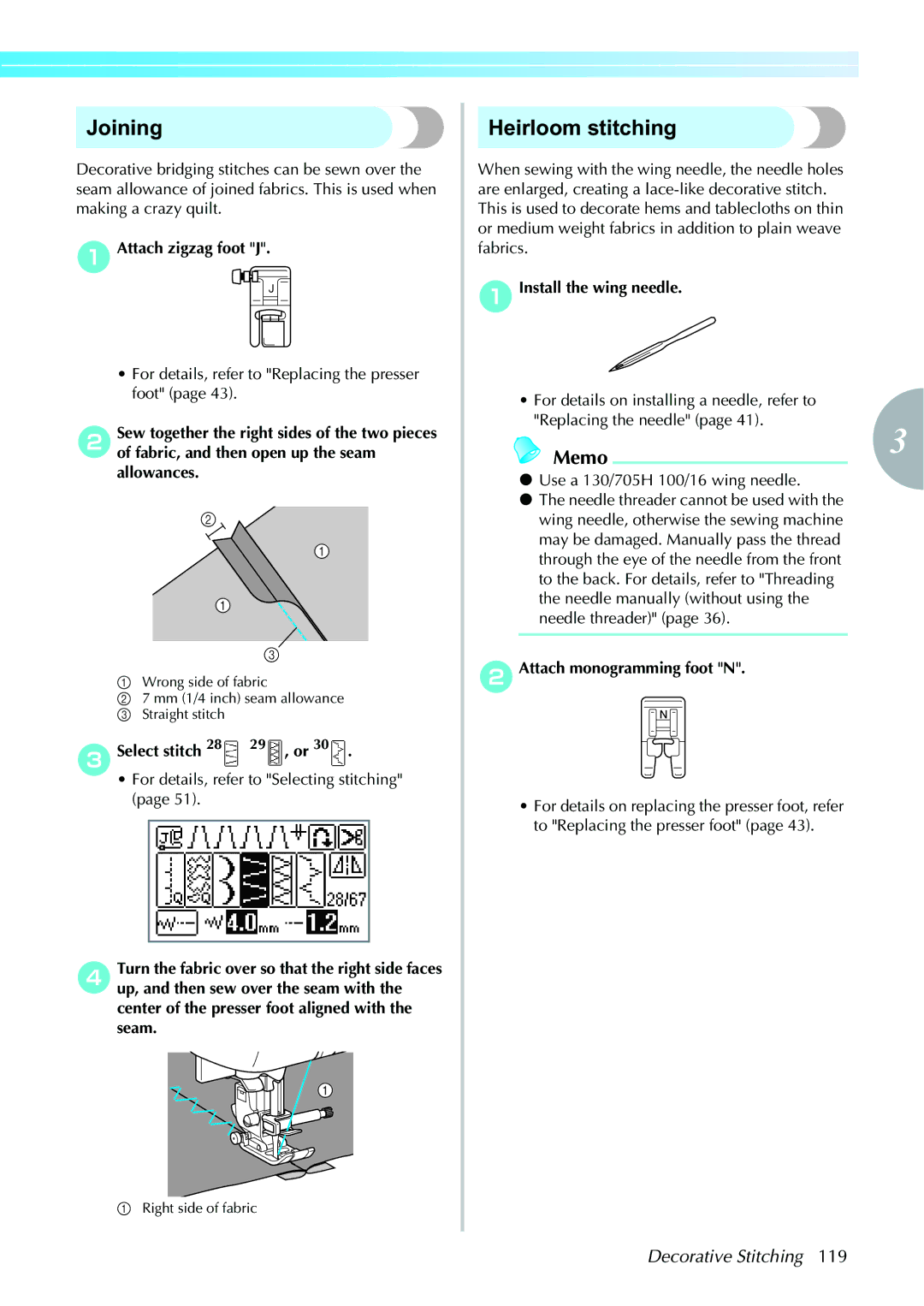 Brother computerized embroidery and sewing machine operation manual Joining, Heirloom stitching, Install the wing needle 