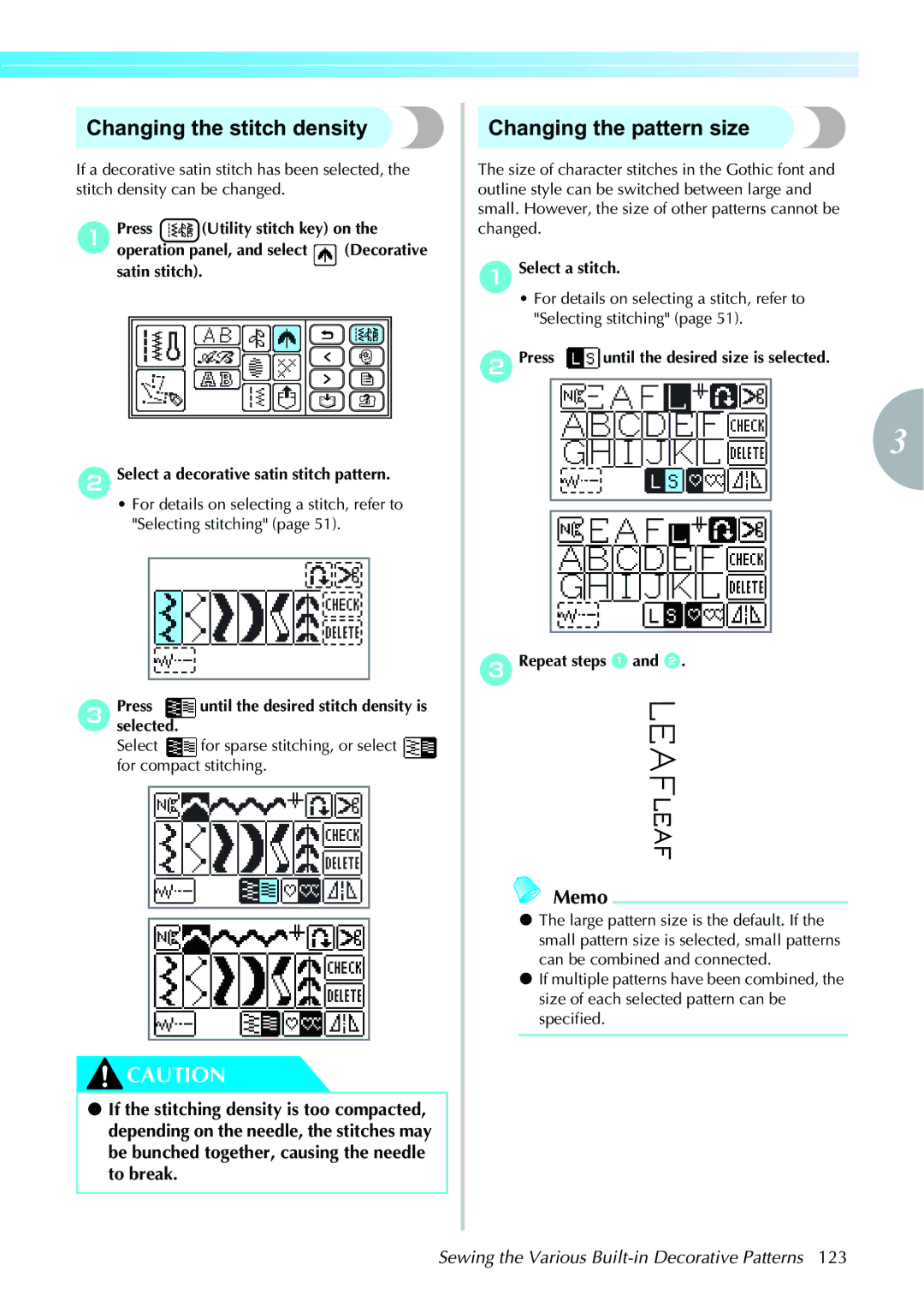 Brother computerized embroidery and sewing machine operation manual Changing the stitch density, Changing the pattern size 