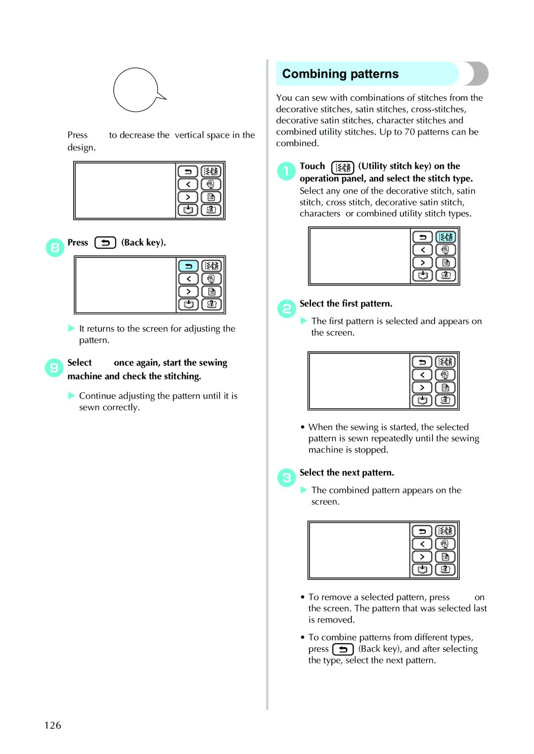 Brother 885-V95/V96/V97/V98 operation manual Combining patterns, 126, Select the first pattern, Select the next pattern 