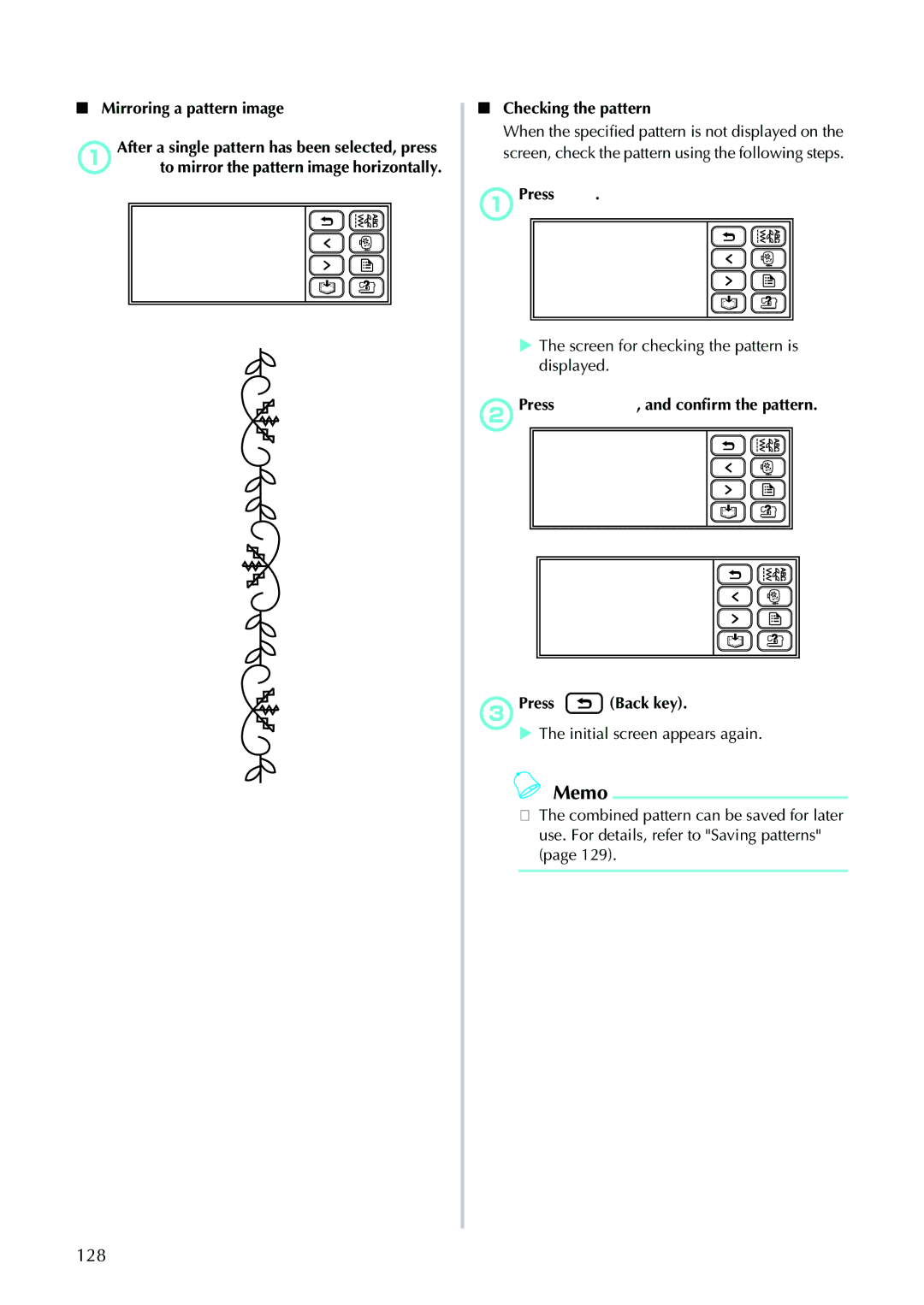 Brother 885-V95/V96/V97/V98 operation manual 128, Mirroring a pattern image, Checking the pattern, APress 