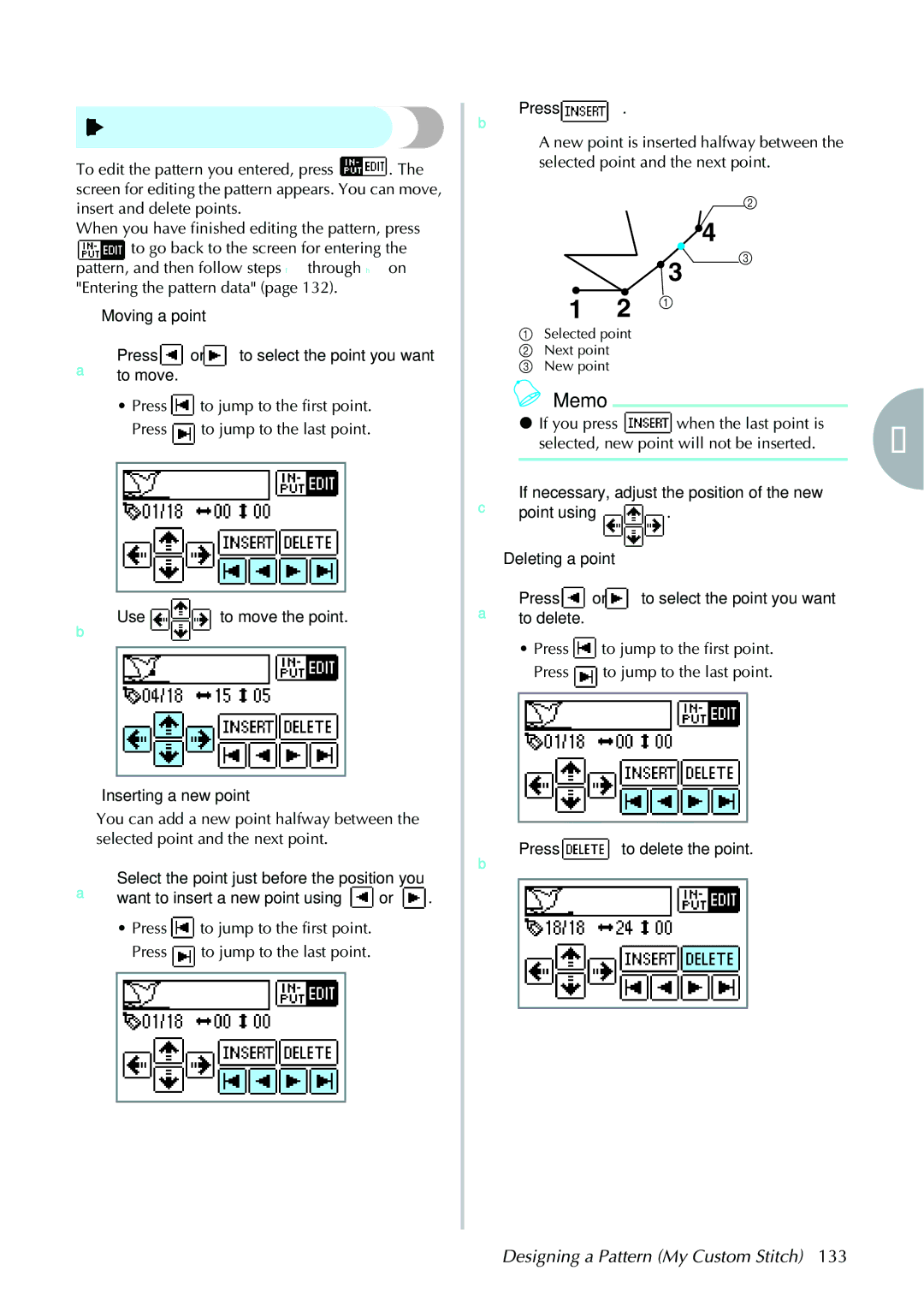 Brother computerized embroidery and sewing machine operation manual Editing the pattern data, BUse, Inserting a new point 