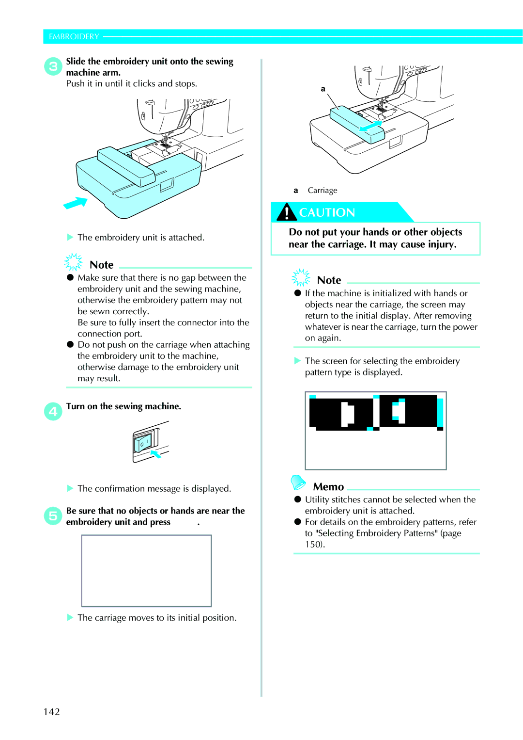 Brother 885-V95/V96/V97/V98 operation manual 142, Slide the embroidery unit onto the sewing machine arm 