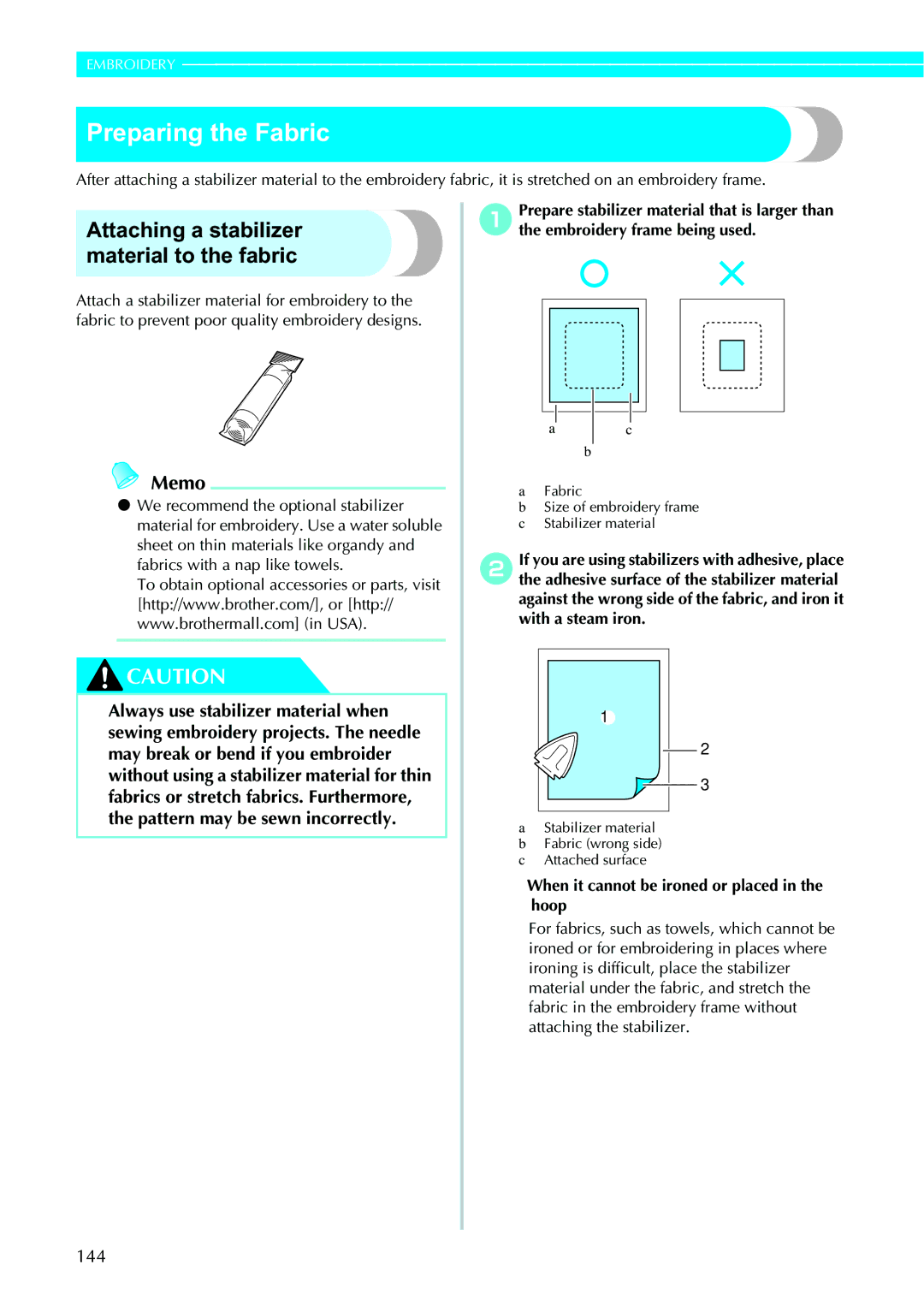 Brother 885-V95/V96/V97/V98 operation manual Preparing the Fabric, Attaching a stabilizer material to the fabric, 144 