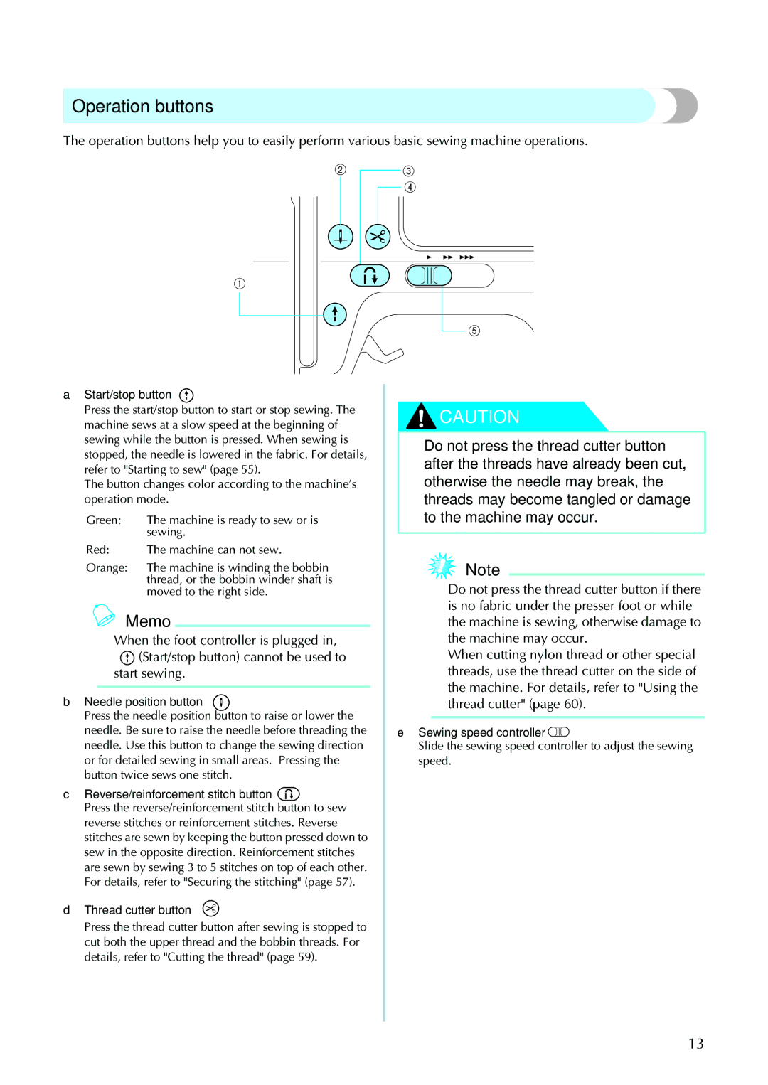 Brother computerized embroidery and sewing machine, 885-V95/V96/V97/V98 Operation buttons, Start/stop button 