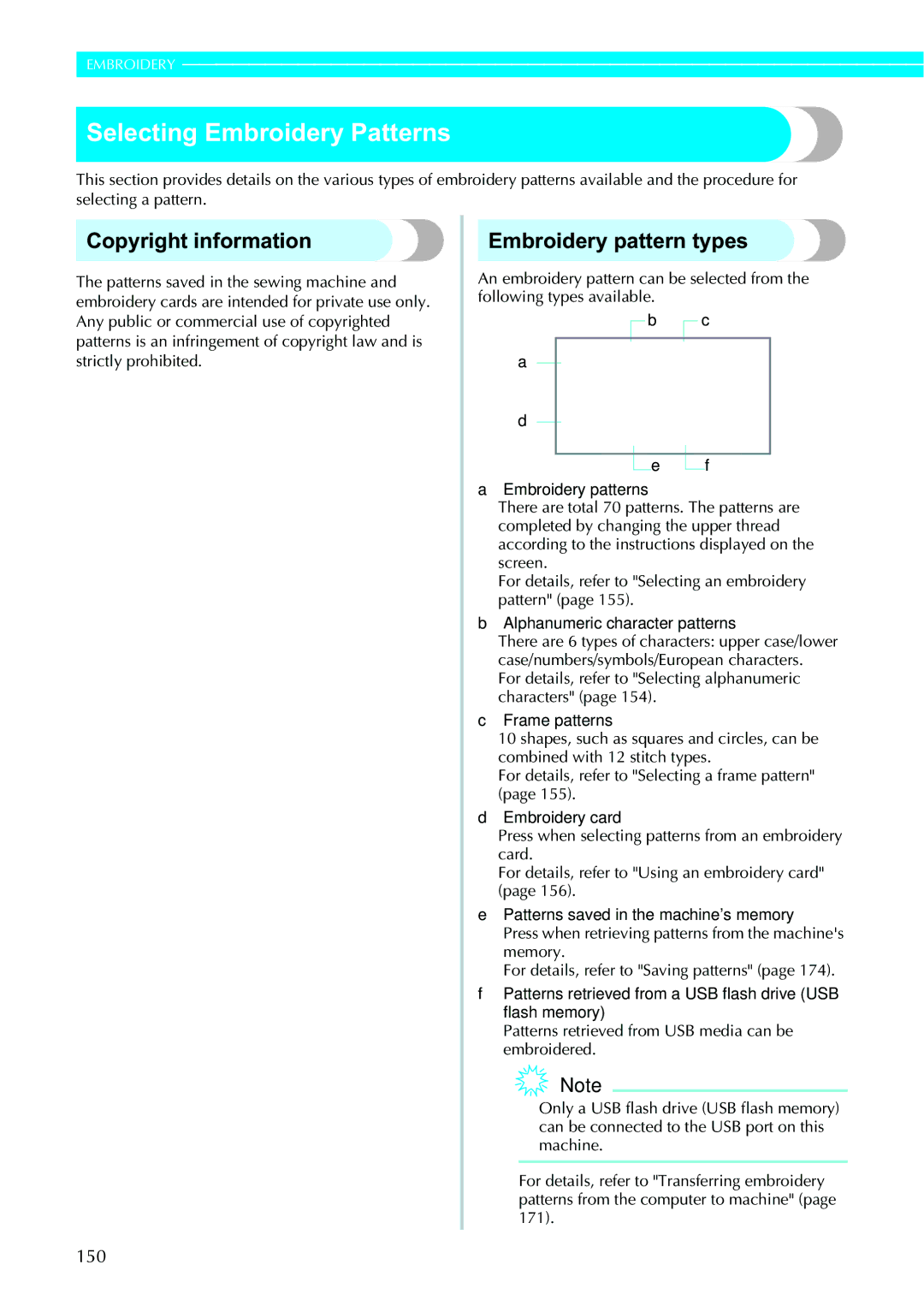 Brother 885-V95/V96/V97/V98 Selecting Embroidery Patterns, Copyright information, Embroidery pattern types, 150 