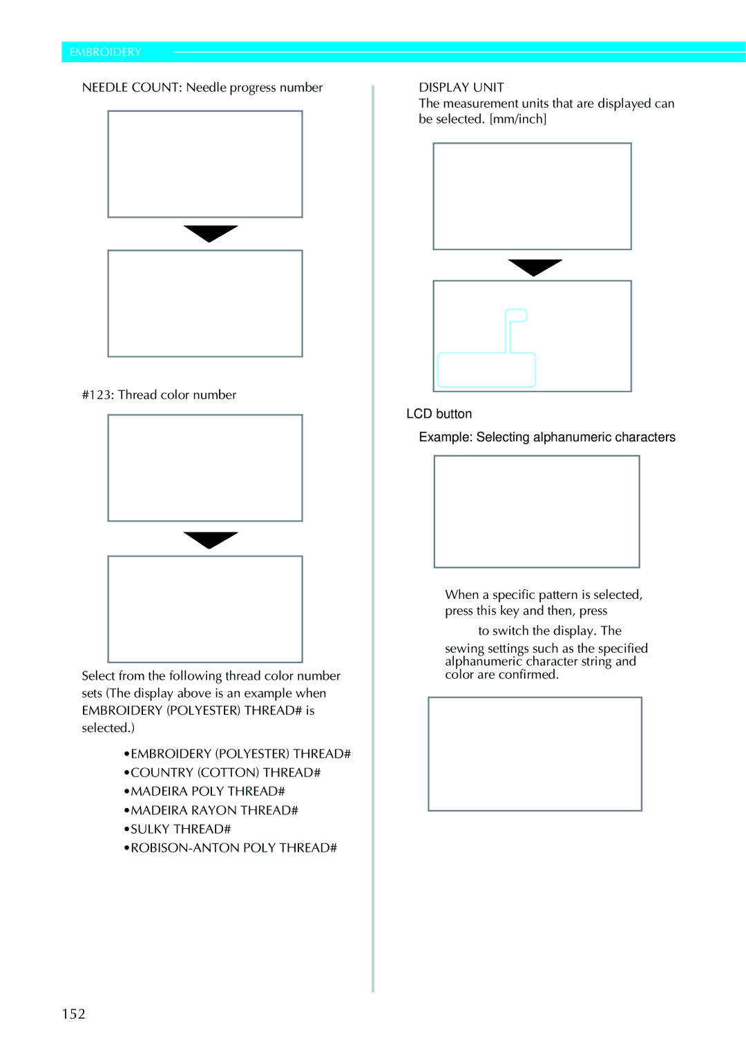 Brother 885-V95/V96/V97/V98 operation manual 152, LCD button Example Selecting alphanumeric characters 