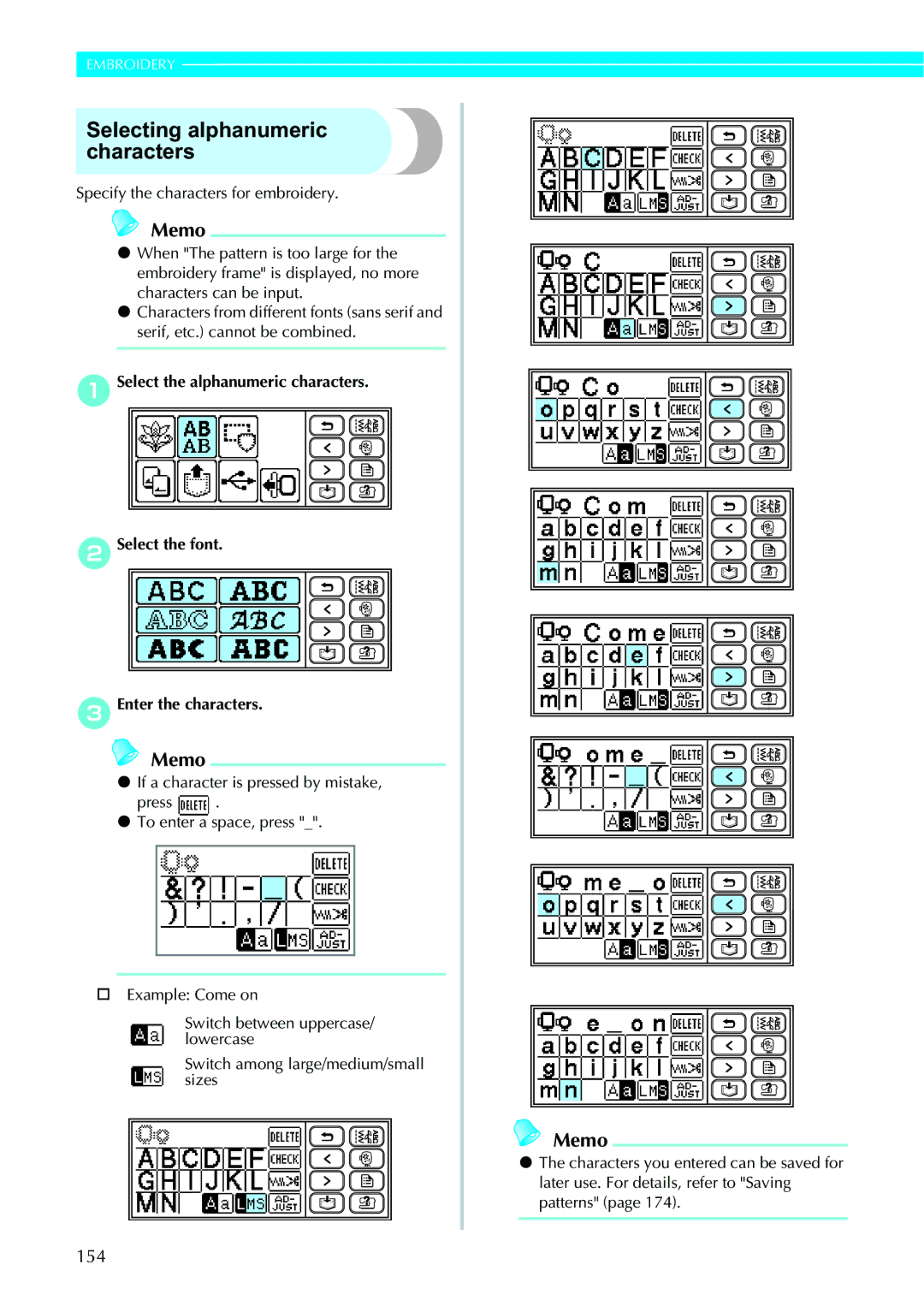 Brother 885-V95/V96/V97/V98 operation manual Selecting alphanumeric characters, 154, Specify the characters for embroidery 