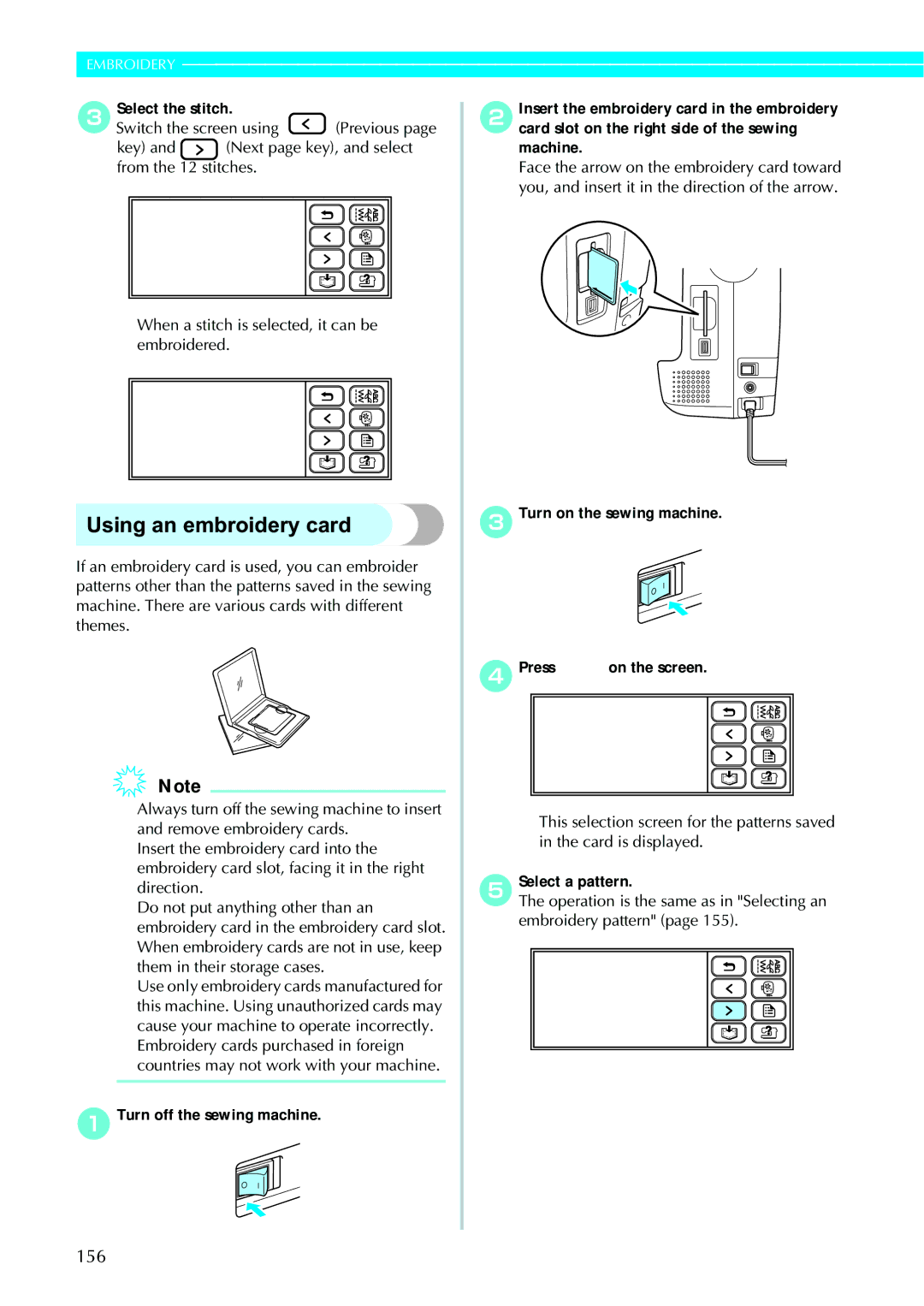 Brother 885-V95/V96/V97/V98 operation manual Using an embroidery card, 156, Select the stitch, Select a pattern 