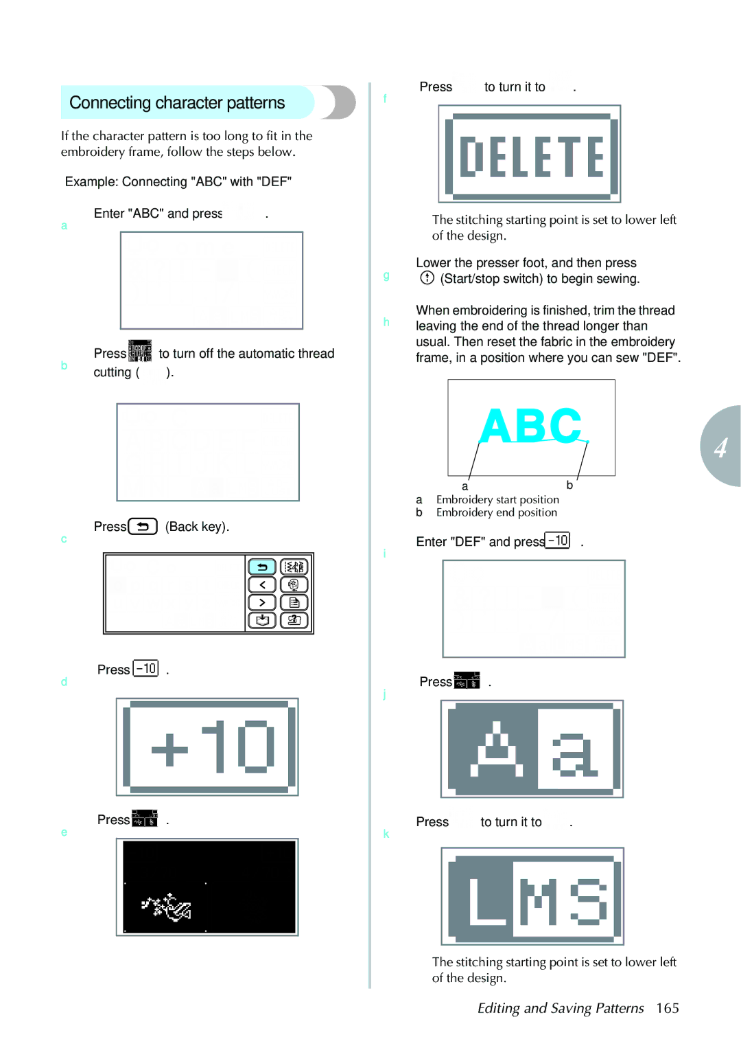 Brother computerized embroidery and sewing machine, 885-V95/V96/V97/V98 operation manual Connecting character patterns 