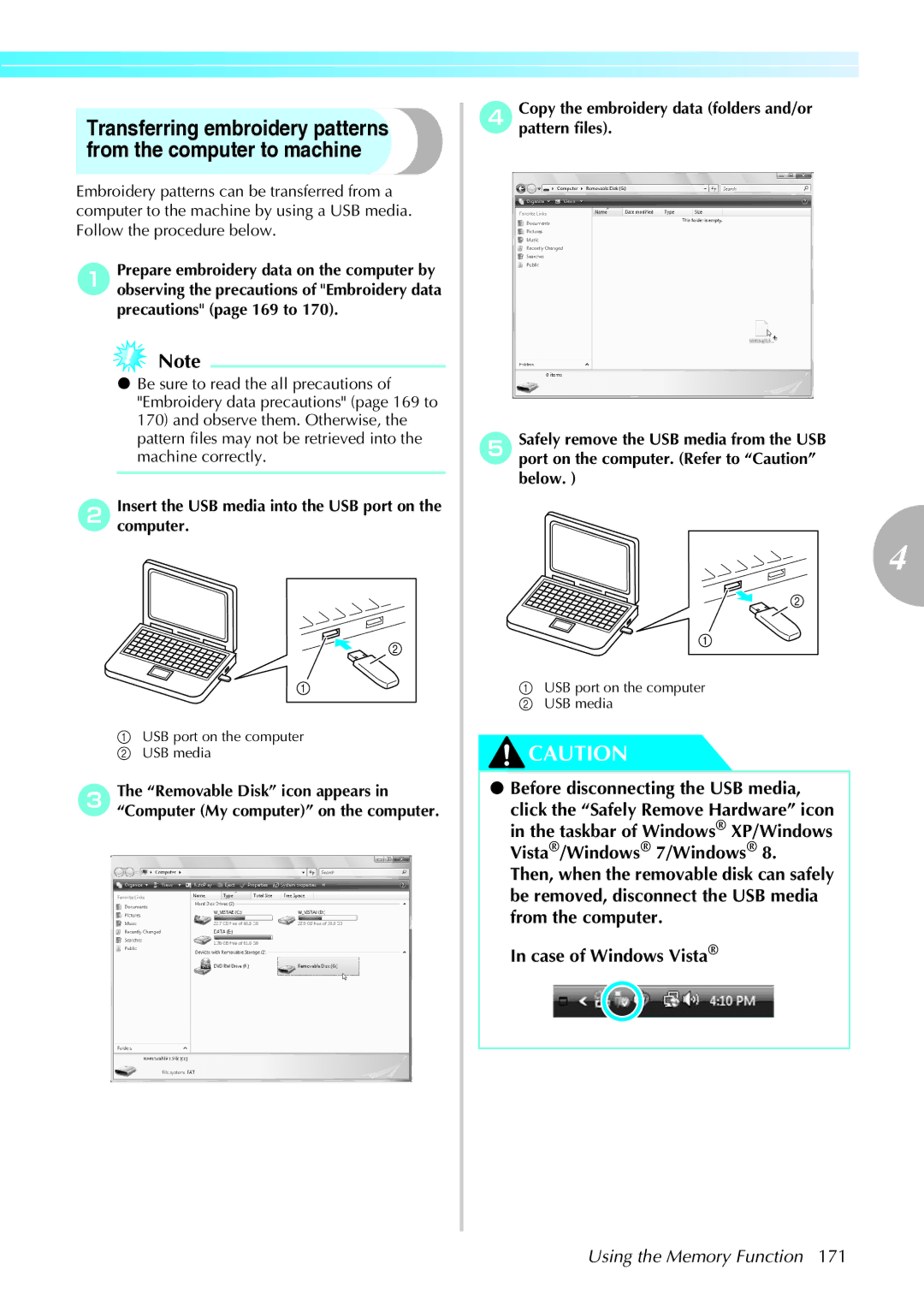 Brother computerized embroidery and sewing machine, 885-V95/V96/V97/V98 operation manual Before disconnecting the USB media 