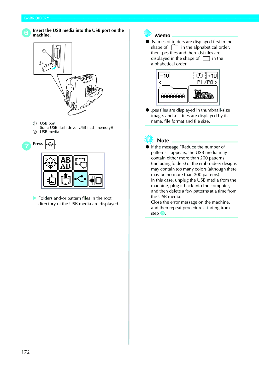 Brother 885-V95/V96/V97/V98 operation manual 172, Insert the USB media into the USB port on the machine 