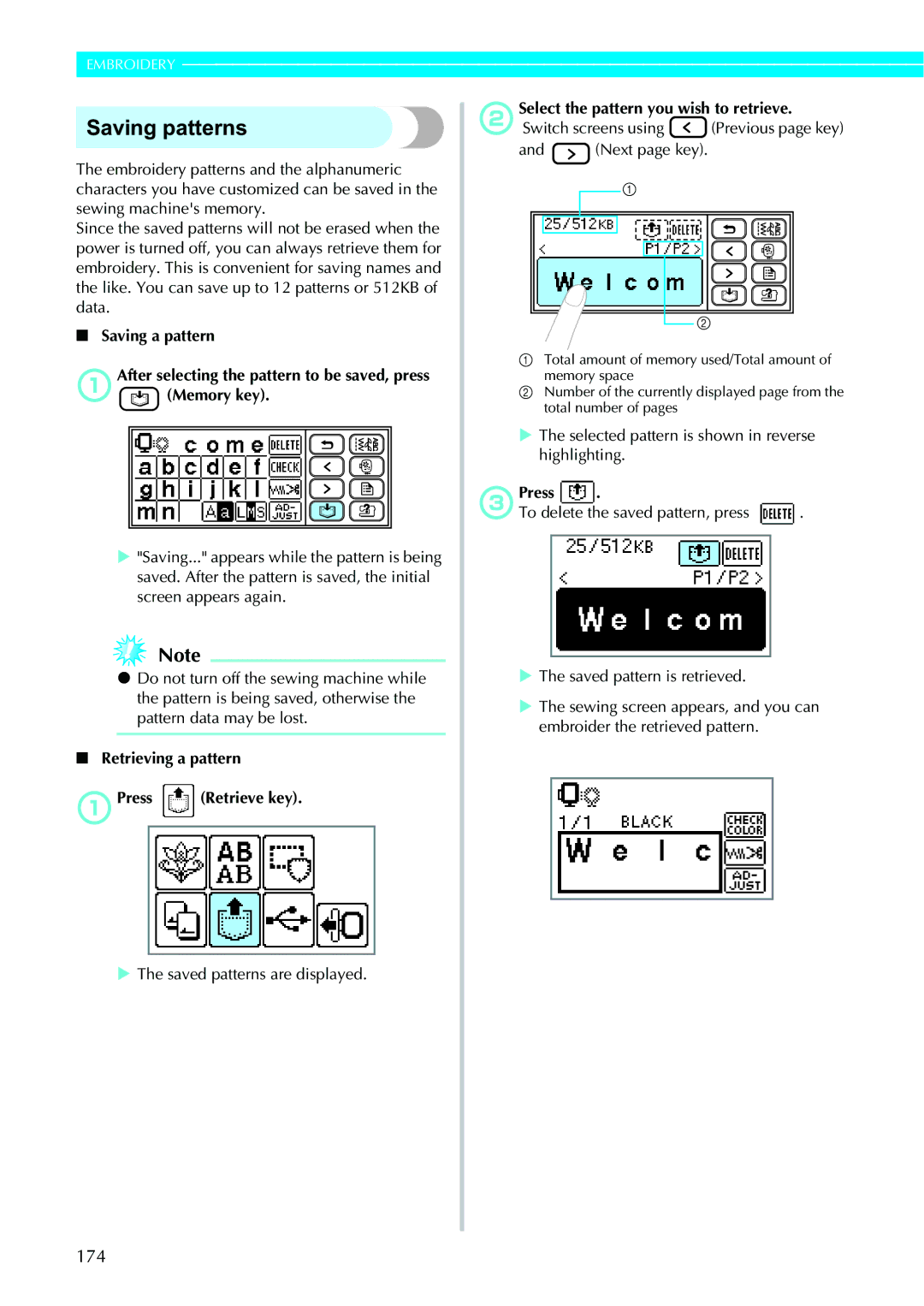 Brother 885-V95/V96/V97/V98 174, Switch screens using Previous page key, Selected pattern is shown in reverse highlighting 