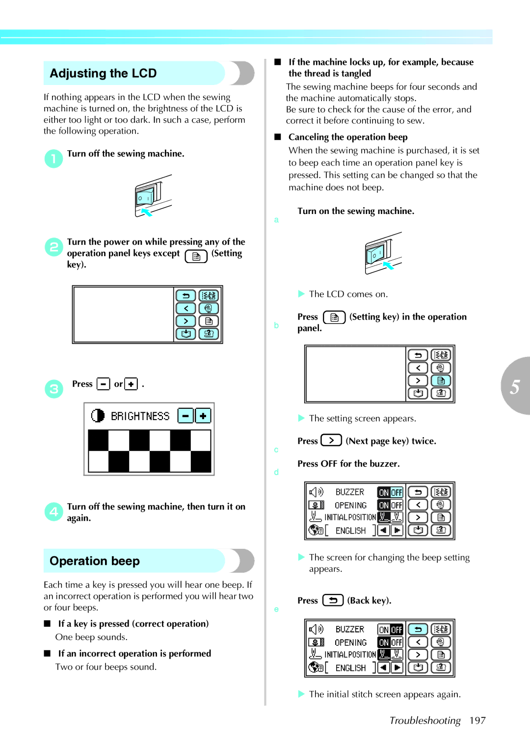 Brother computerized embroidery and sewing machine, 885-V95/V96/V97/V98 operation manual Adjusting the LCD, Operation beep 