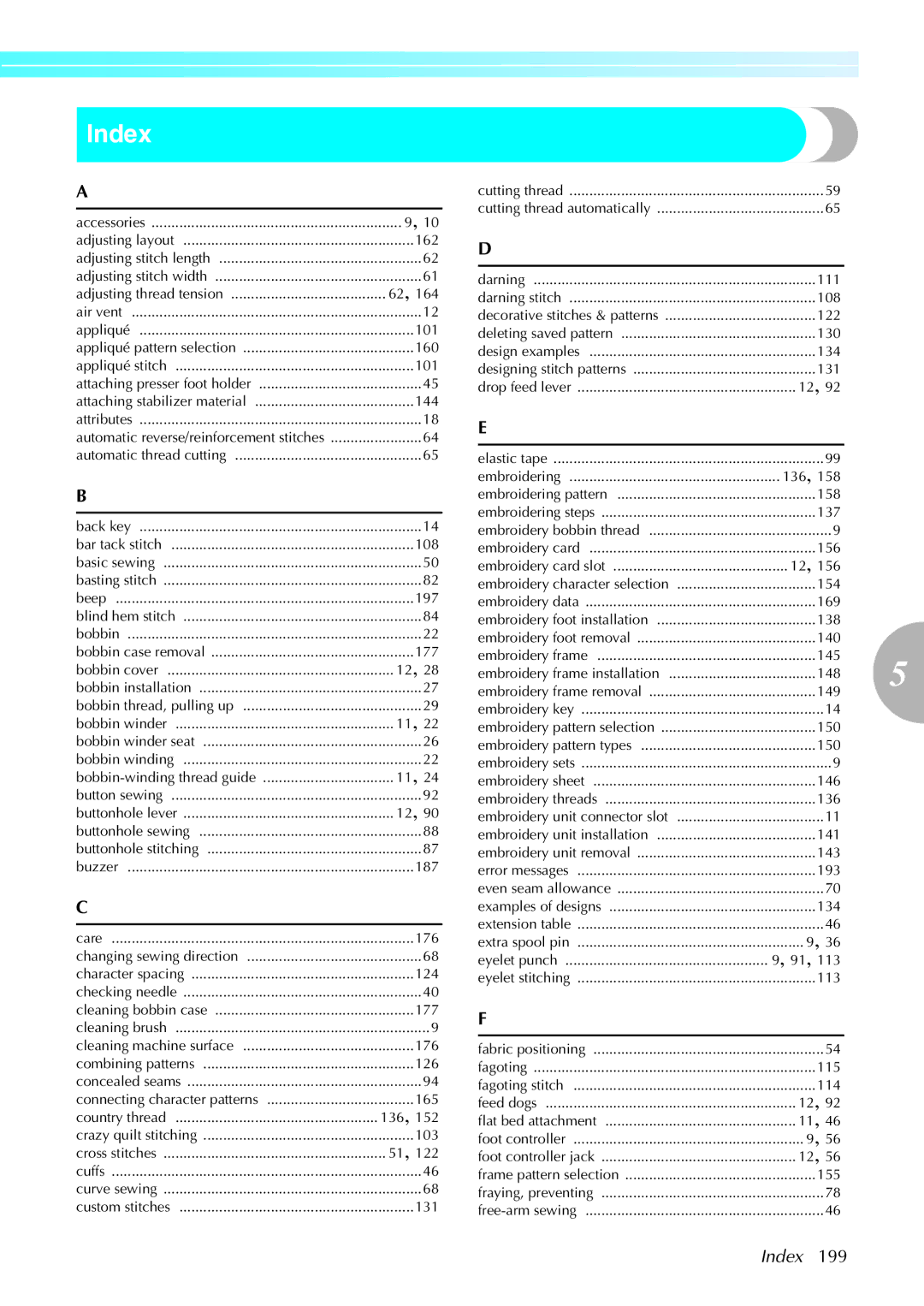 Brother computerized embroidery and sewing machine, 885-V95/V96/V97/V98 operation manual Index 