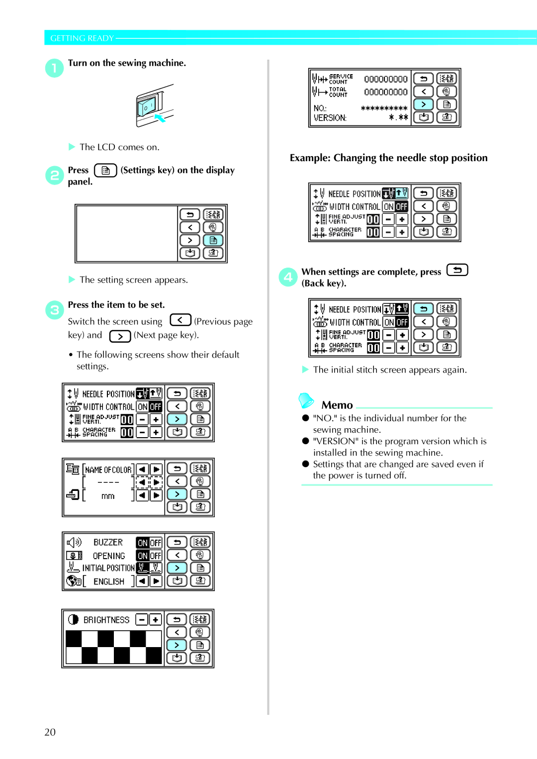 Brother 885-V95/V96/V97/V98 operation manual ATurn on the sewing machine, BPresspanel. Settings key on the display 