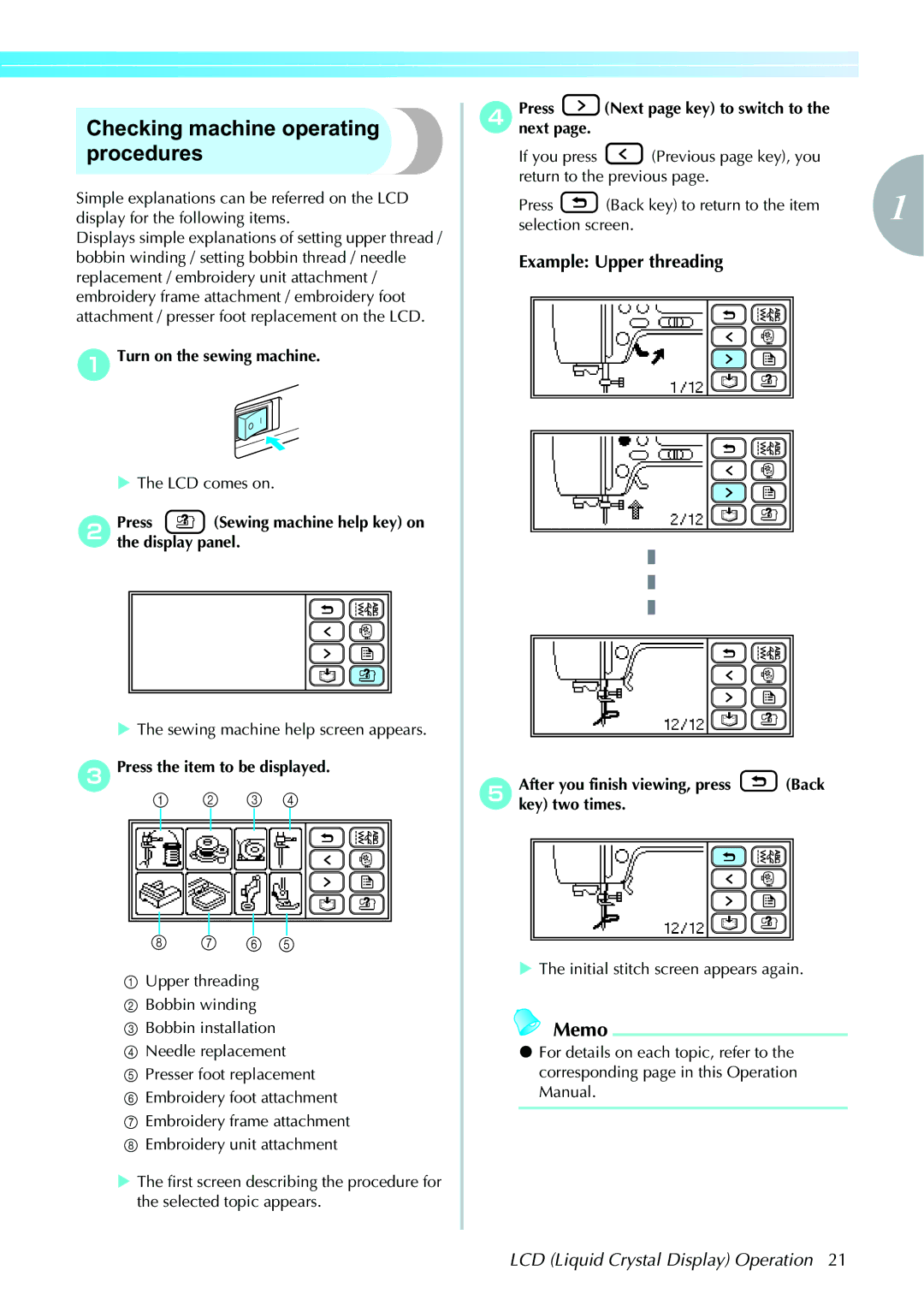 Brother computerized embroidery and sewing machine, 885-V95/V96/V97/V98 Checking machine operating procedures 