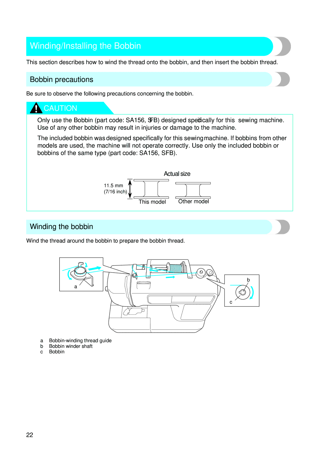 Brother 885-V95/V96/V97/V98 Winding/Installing the Bobbin, Bobbin precautions, Winding the bobbin, Actual size 