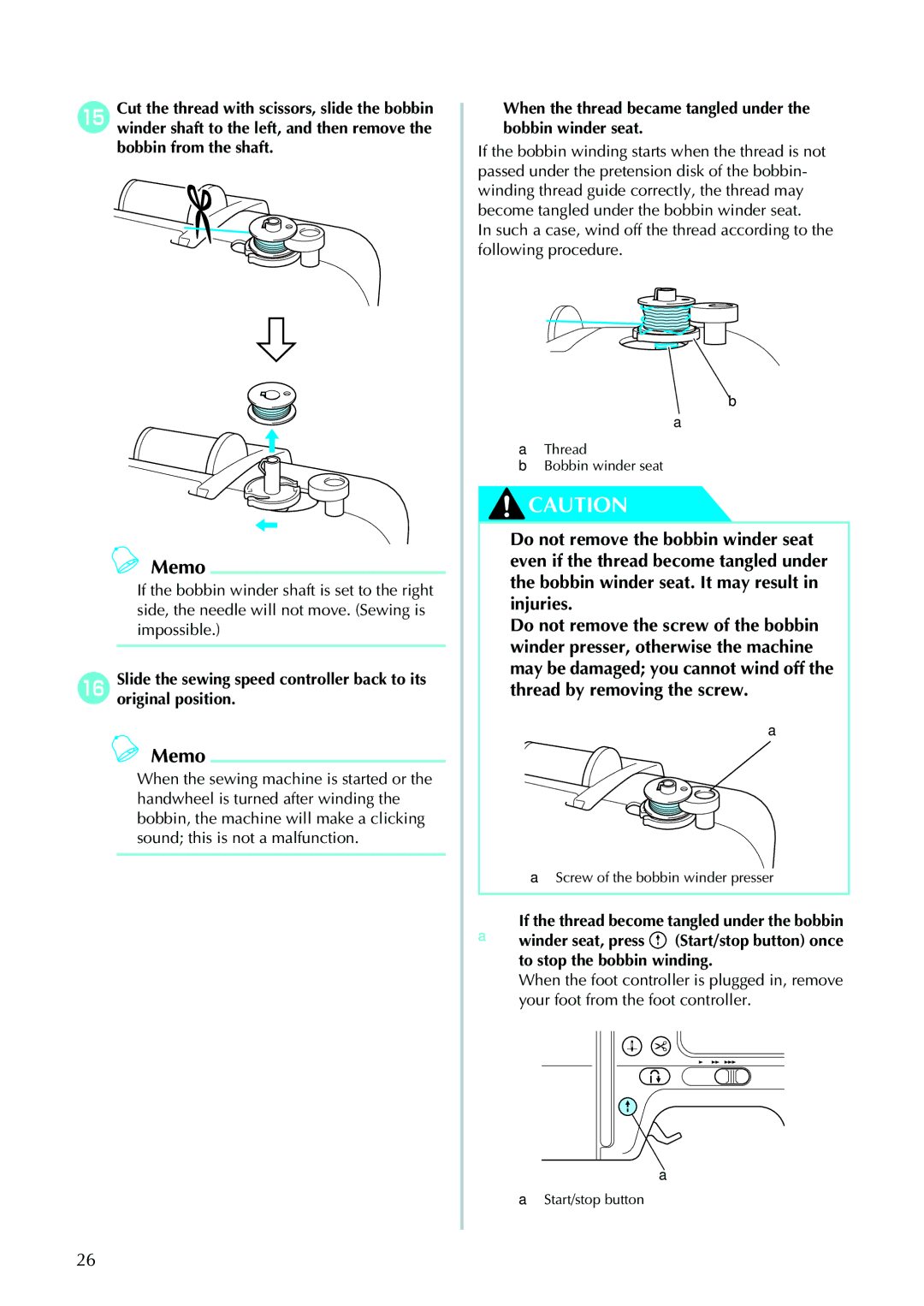 Brother 885-V95/V96/V97/V98 operation manual When the thread became tangled under the bobbin winder seat 