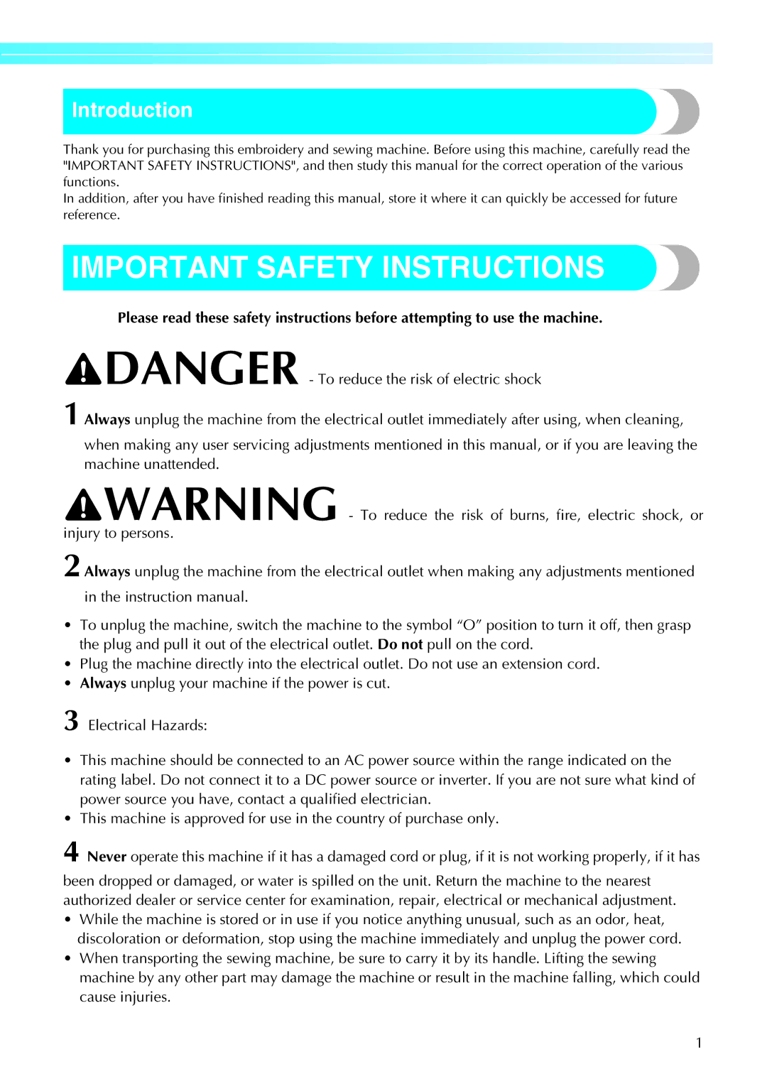 Brother computerized embroidery and sewing machine, 885-V95/V96/V97/V98 operation manual Important Safety Instructions 