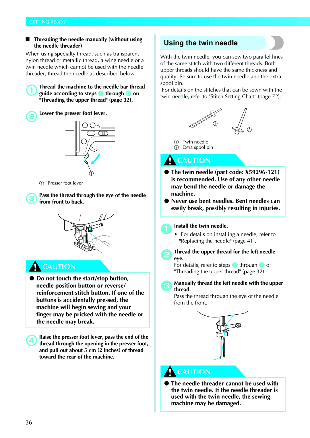 Brother 885-V95/V96/V97/V98 operation manual Using the twin needle, Threadeye. the upper thread for the left needle 