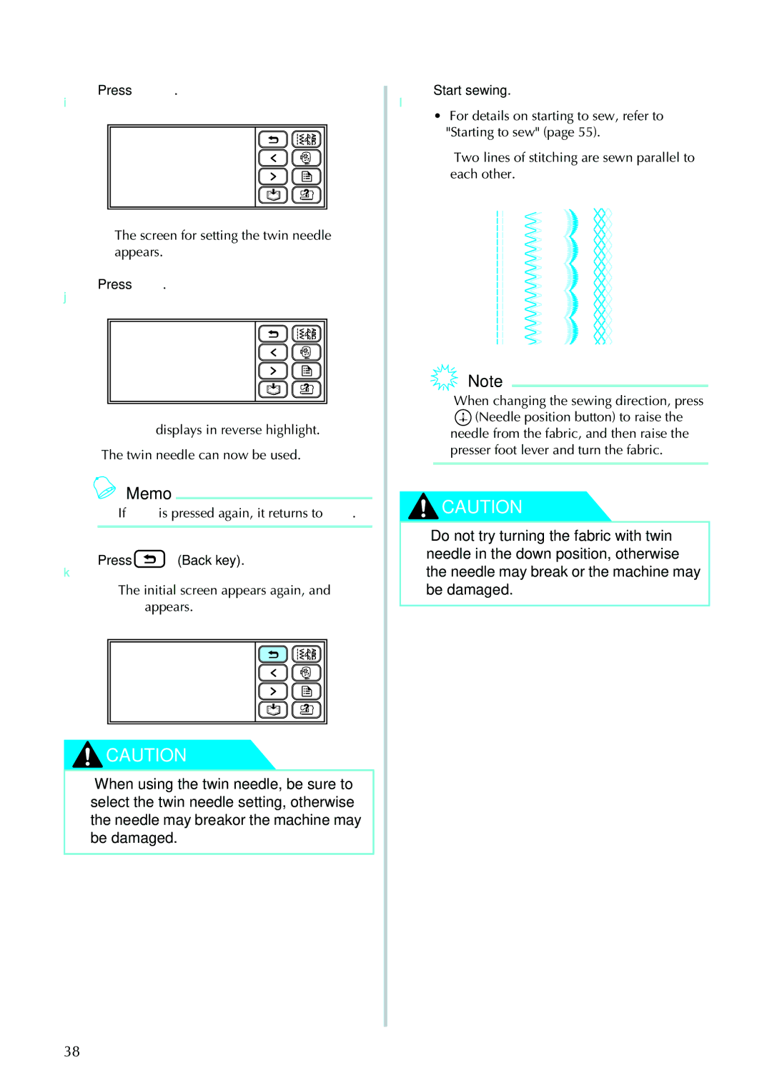 Brother 885-V95/V96/V97/V98, computerized embroidery and sewing machine operation manual Press Back key, Start sewing 