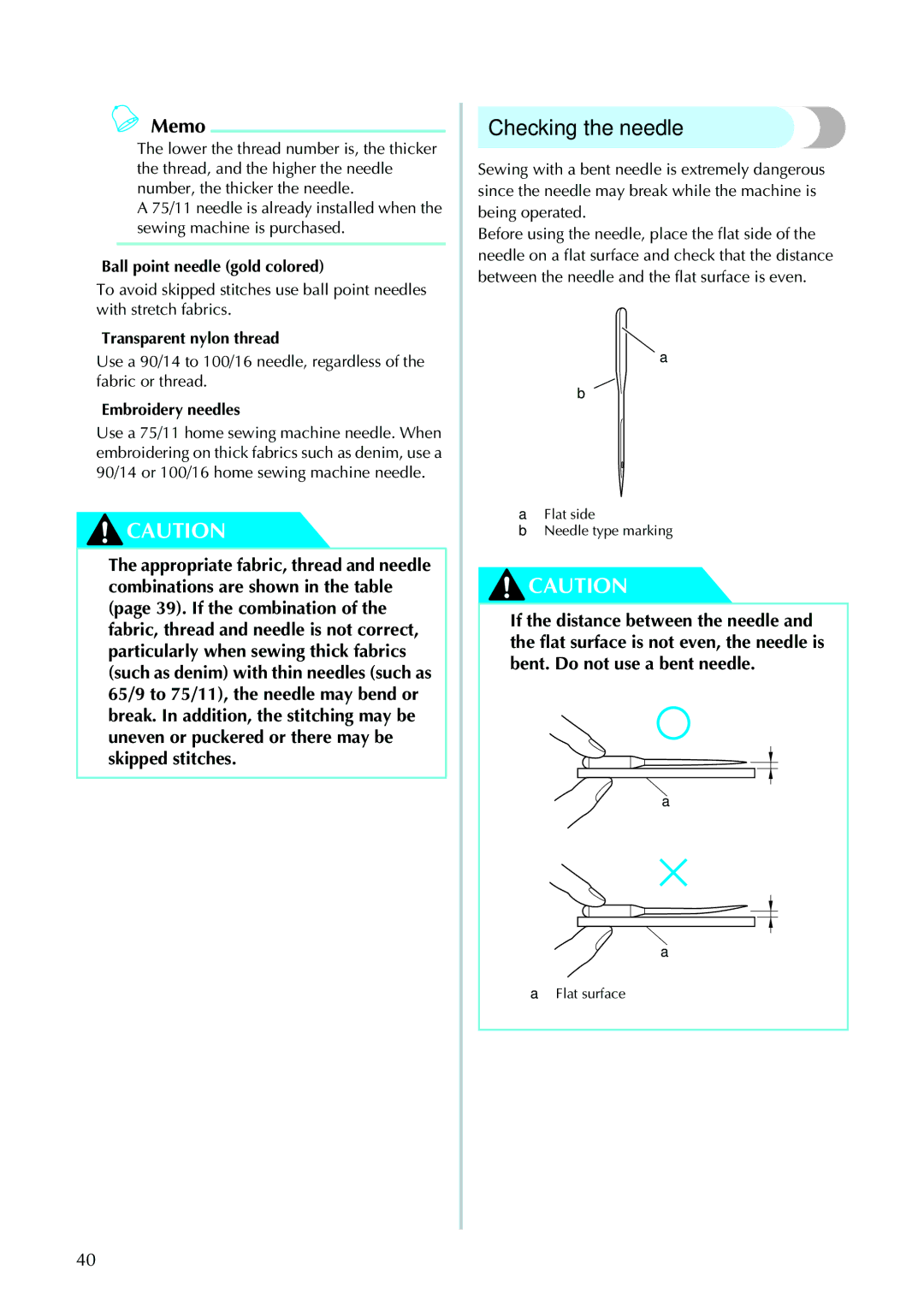 Brother 885-V95/V96/V97/V98 operation manual Checking the needle, Ball point needle gold colored, Transparent nylon thread 