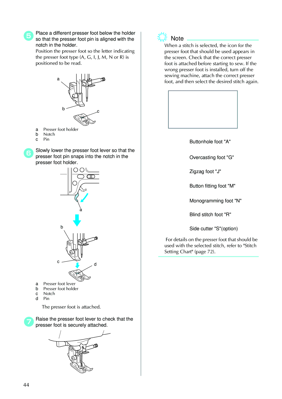 Brother 885-V95/V96/V97/V98, computerized embroidery and sewing machine operation manual Presser foot is attached 