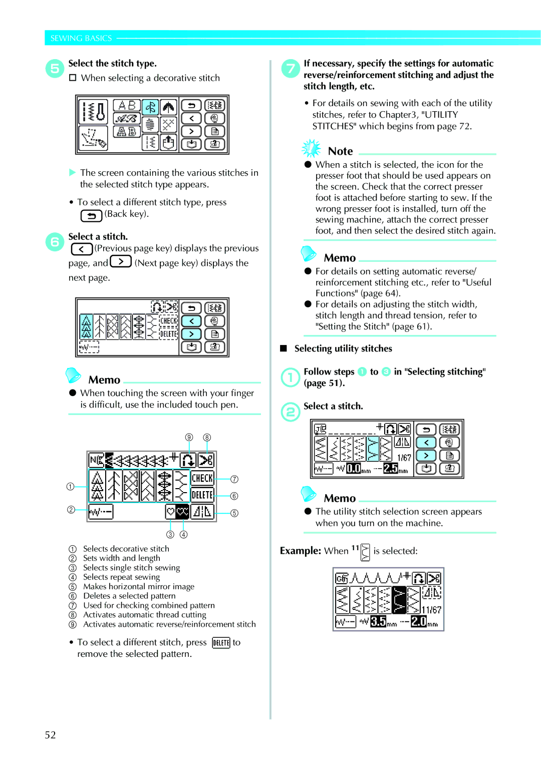 Brother 885-V95/V96/V97/V98, computerized embroidery and sewing machine Select the stitch type, Select a stitch 