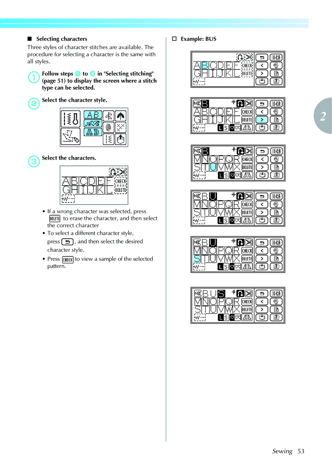 Brother computerized embroidery and sewing machine, 885-V95/V96/V97/V98 operation manual Selecting characters, Example BUS 