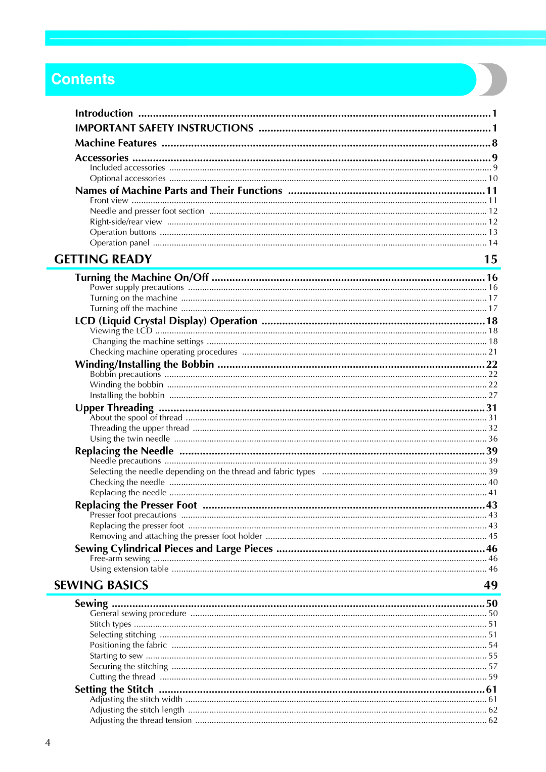 Brother 885-V95/V96/V97/V98, computerized embroidery and sewing machine operation manual Contents 