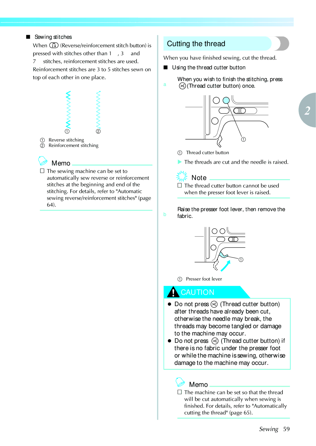 Brother computerized embroidery and sewing machine, 885-V95/V96/V97/V98 operation manual Cutting the thread, Sewing stitches 