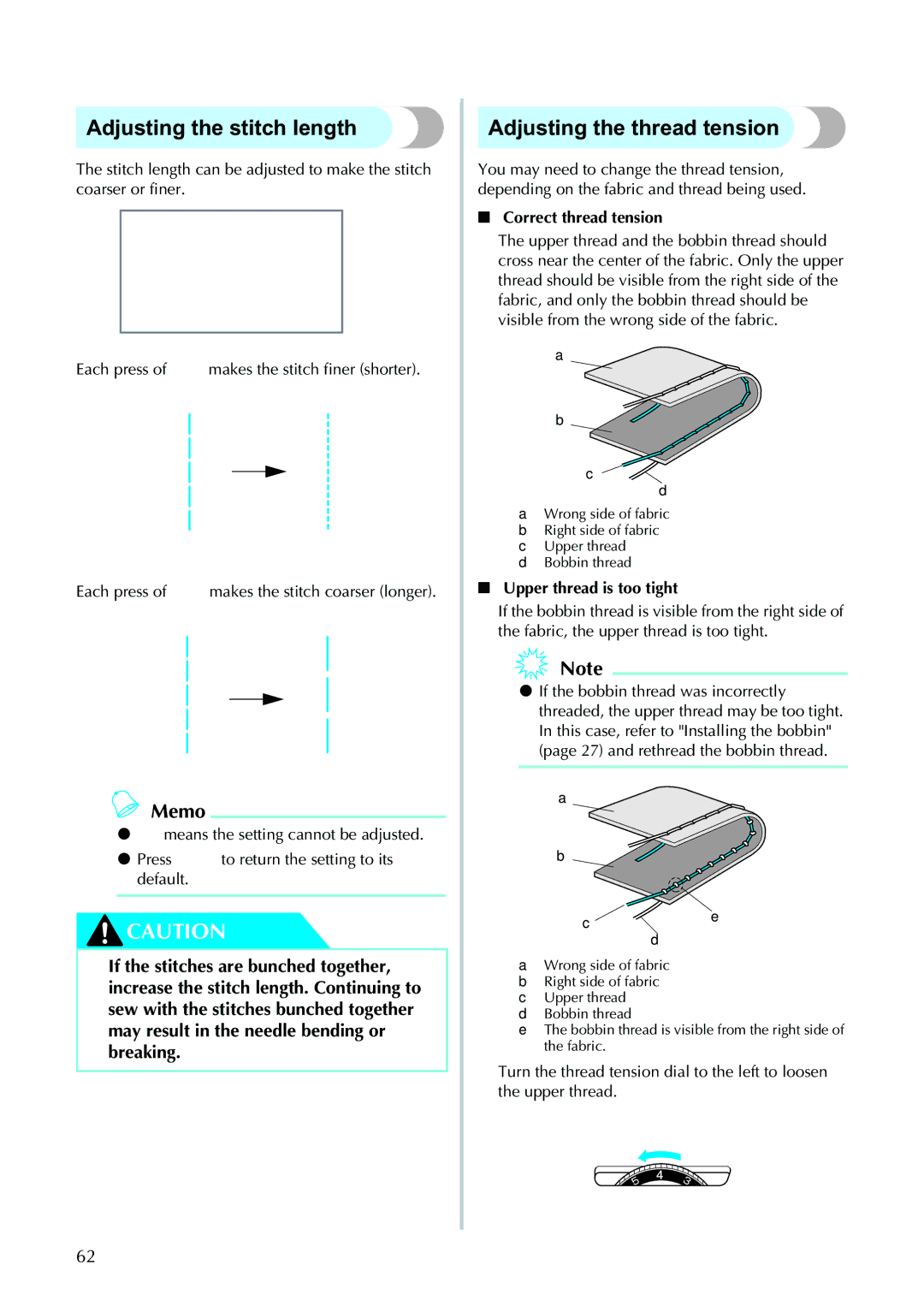 Brother 885-V95/V96/V97/V98 Adjusting the stitch length, Adjusting the thread tension, Correct thread tension 