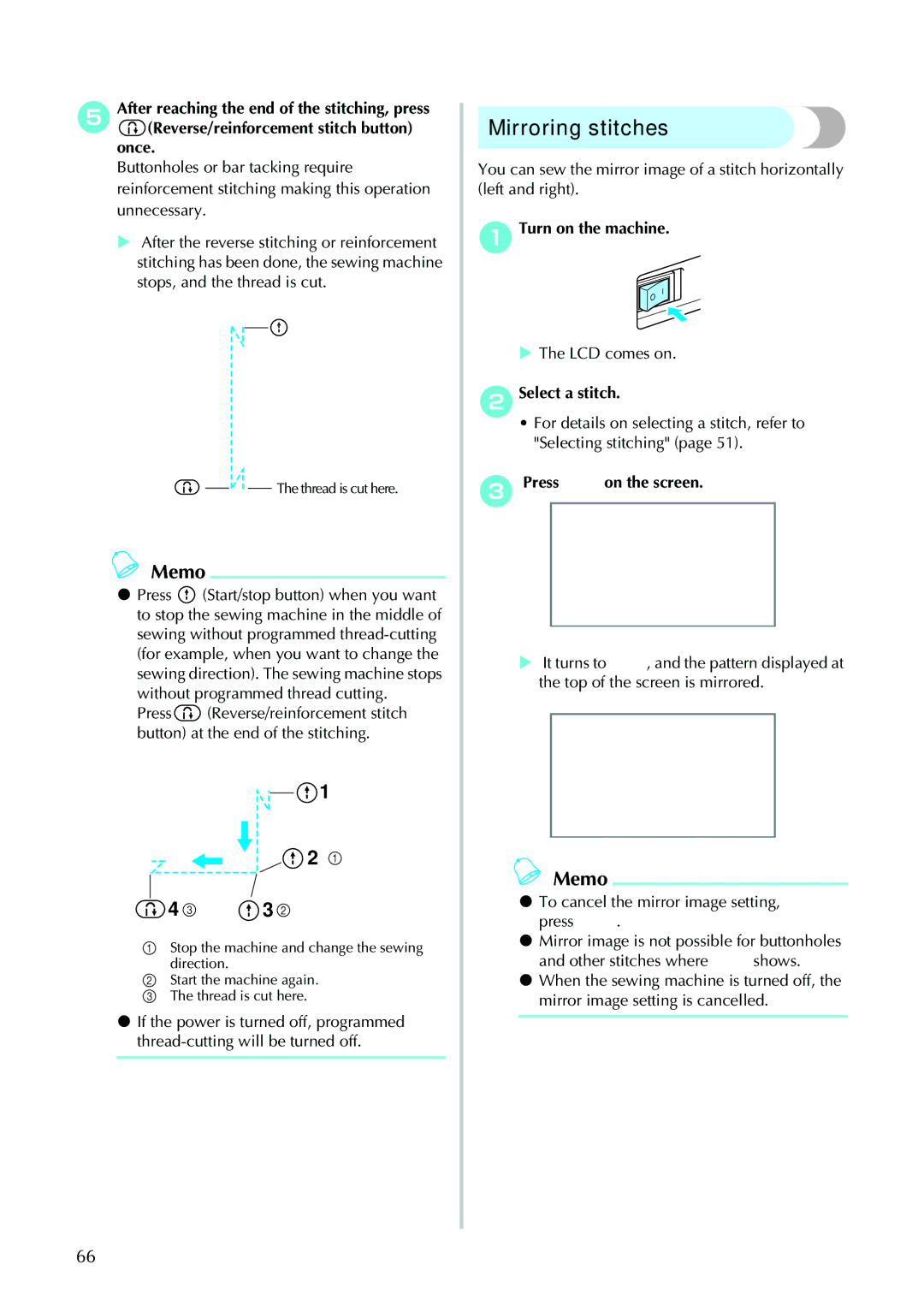 Brother 885-V95/V96/V97/V98 operation manual Mirroring stitches, Without programmed thread cutting 