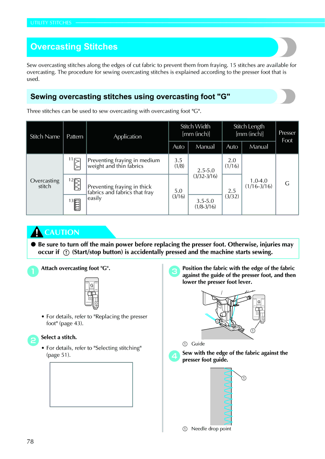 Brother 885-V95/V96/V97/V98 operation manual Overcasting Stitches, Sewing overcasting stitches using overcasting foot G 