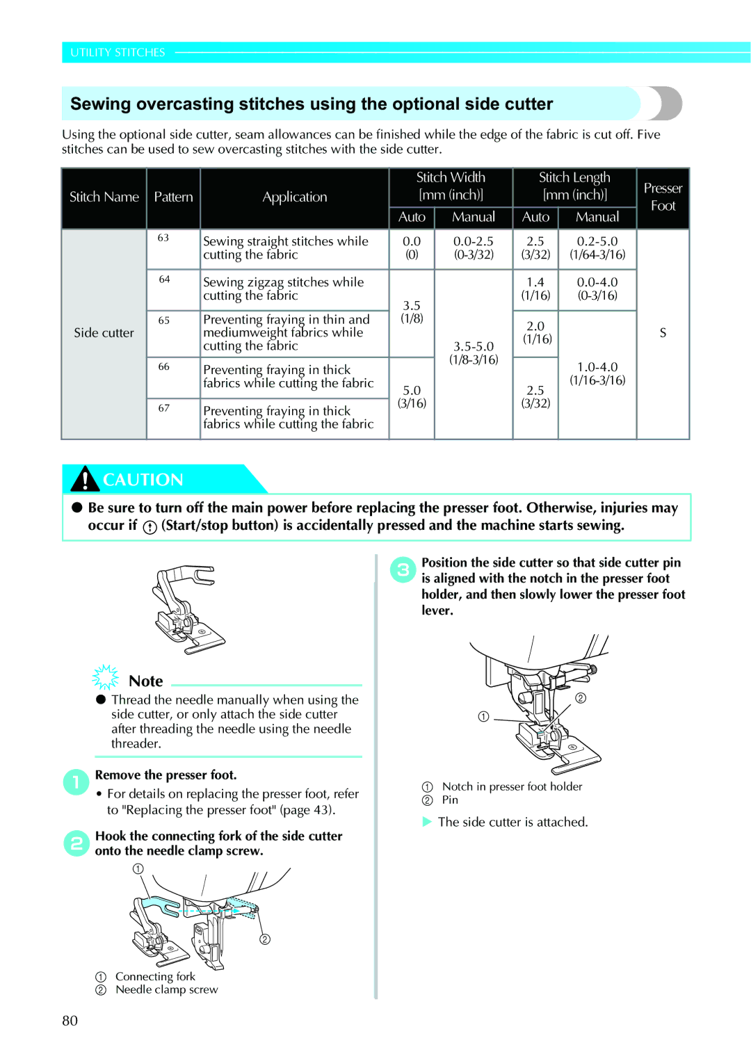 Brother 885-V95/V96/V97/V98 operation manual Sewing overcasting stitches using the optional side cutter 