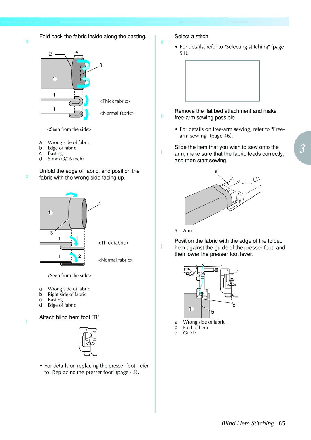 Brother computerized embroidery and sewing machine Blind Hem Stitching, Fold back the fabric inside along the basting 