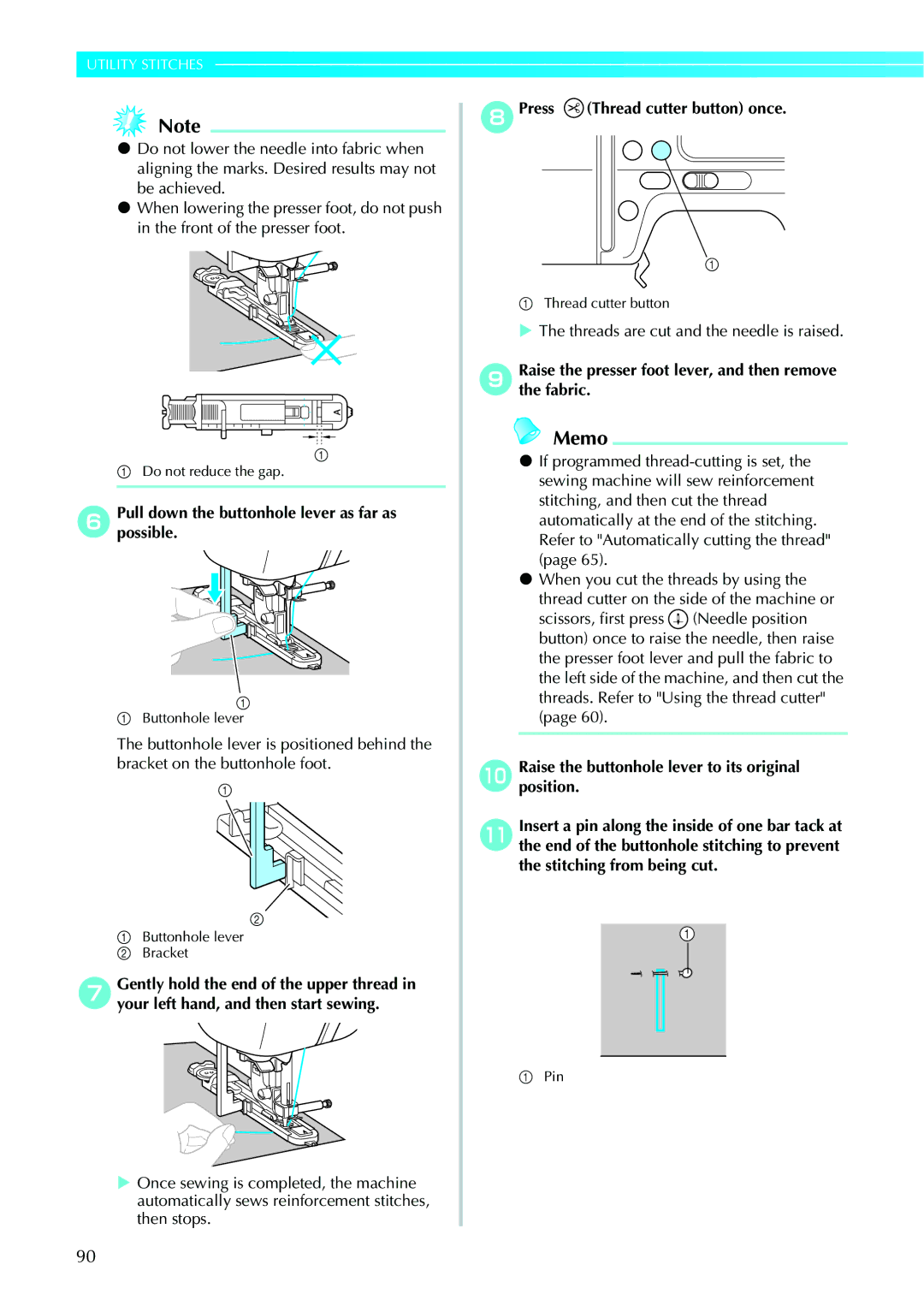 Brother 885-V95/V96/V97/V98 Pull down the buttonhole lever as far as possible, Press Thread cutter button once 