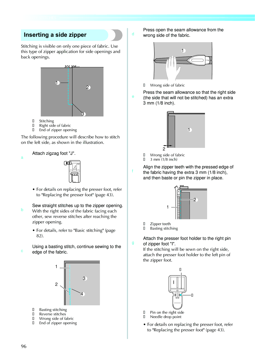 Brother 885-V95/V96/V97/V98 operation manual Inserting a side zipper, Wrong side of fabric b 3 mm 1/8 inch 