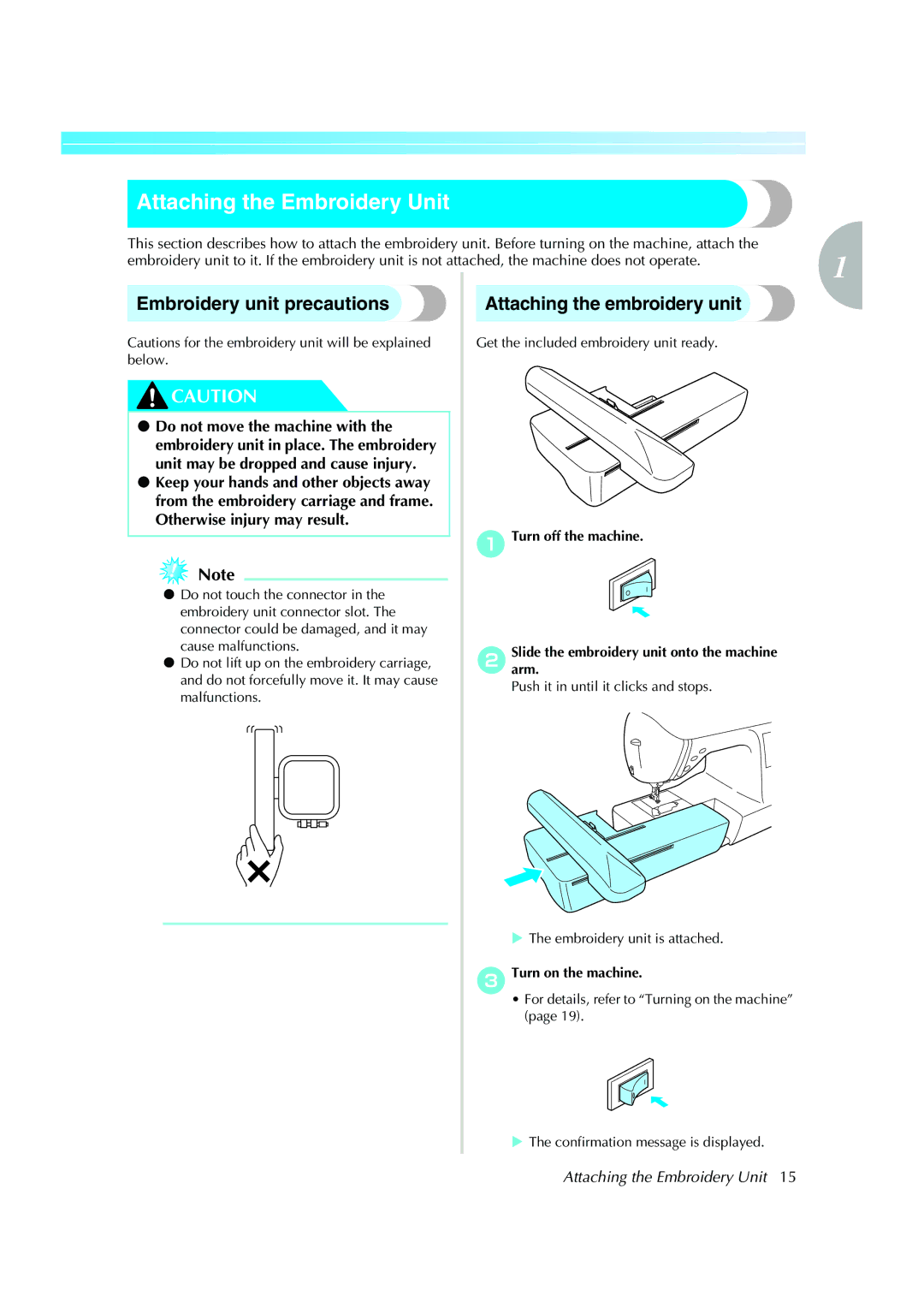 Brother Computerized Embroidery Machine operation manual Attaching the Embroidery Unit, Barm, CTurn on the machine 