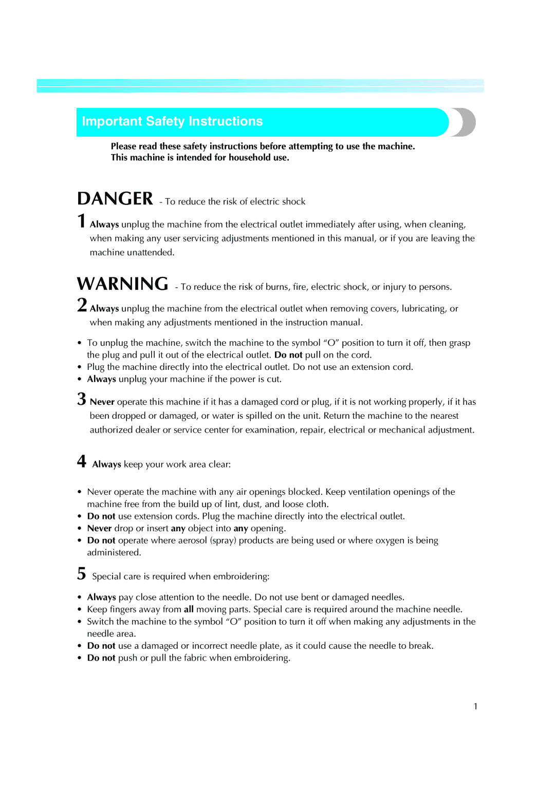 Brother Computerized Embroidery Machine operation manual Important Safety Instructions 