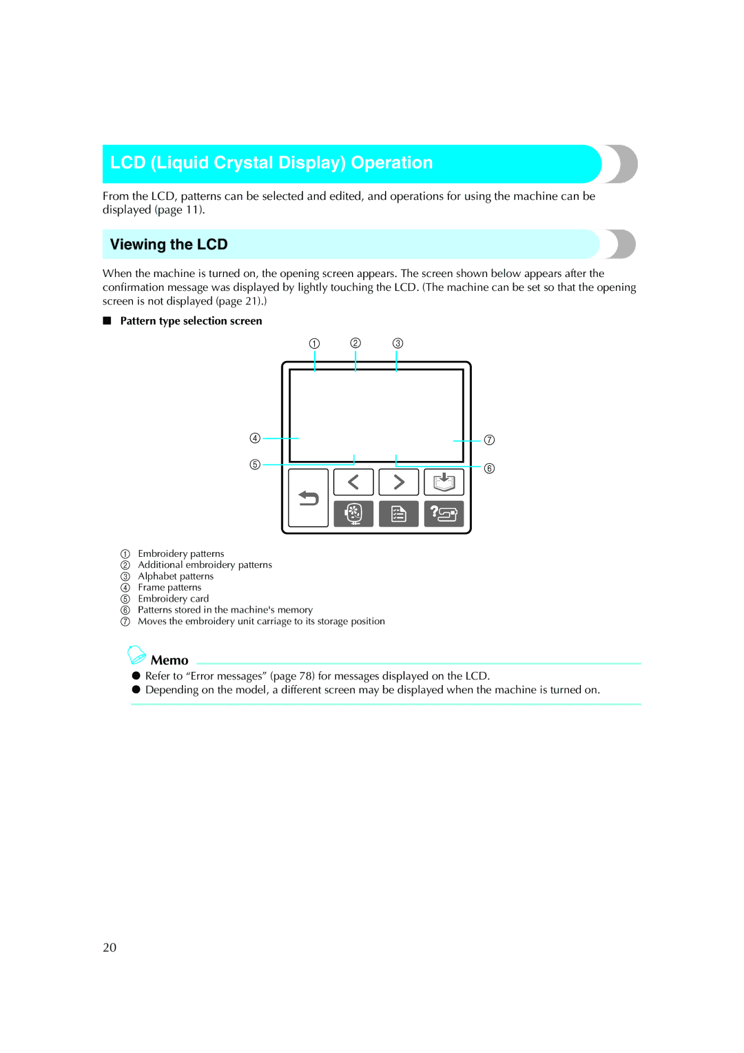 Brother Computerized Embroidery Machine operation manual LCD Liquid Crystal Display Operation, Viewing the LCD 