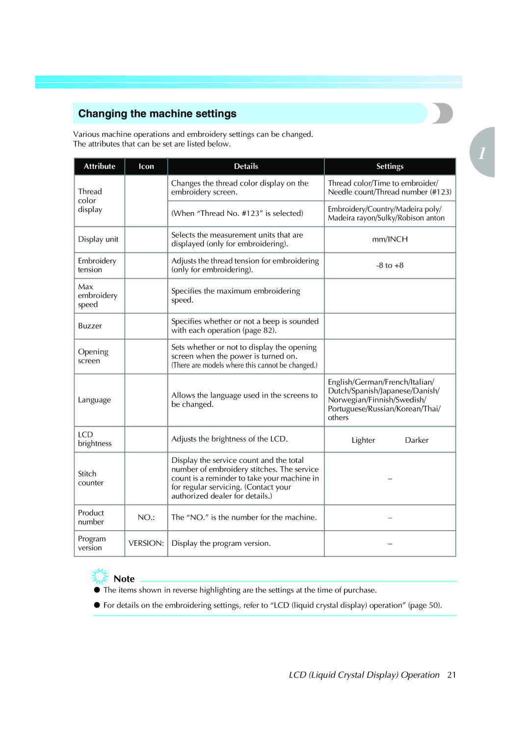 Brother Computerized Embroidery Machine operation manual Changing the machine settings, Details 