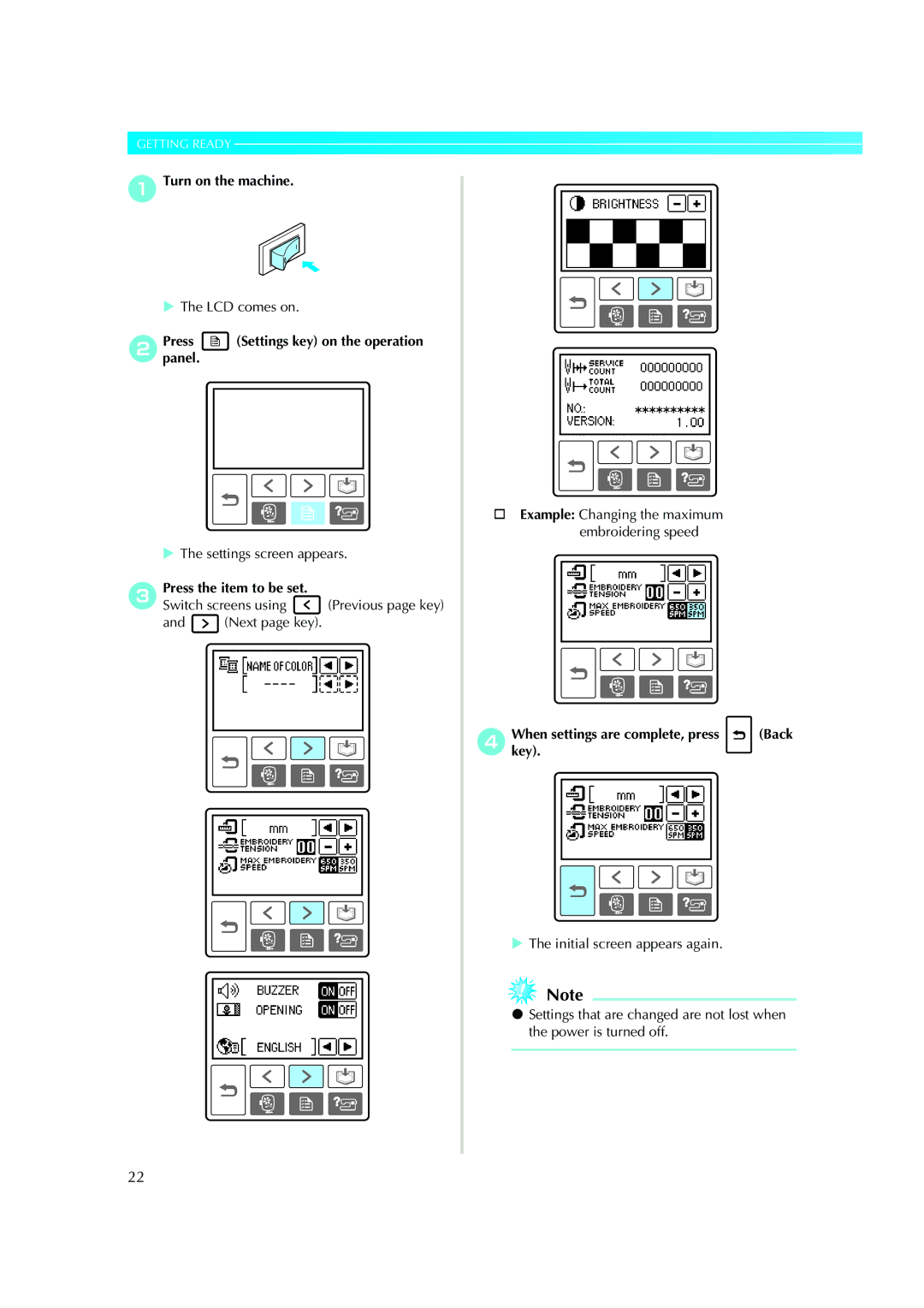 Brother Computerized Embroidery Machine operation manual Turn on the machine, BPresspanel. Settings key on the operation 