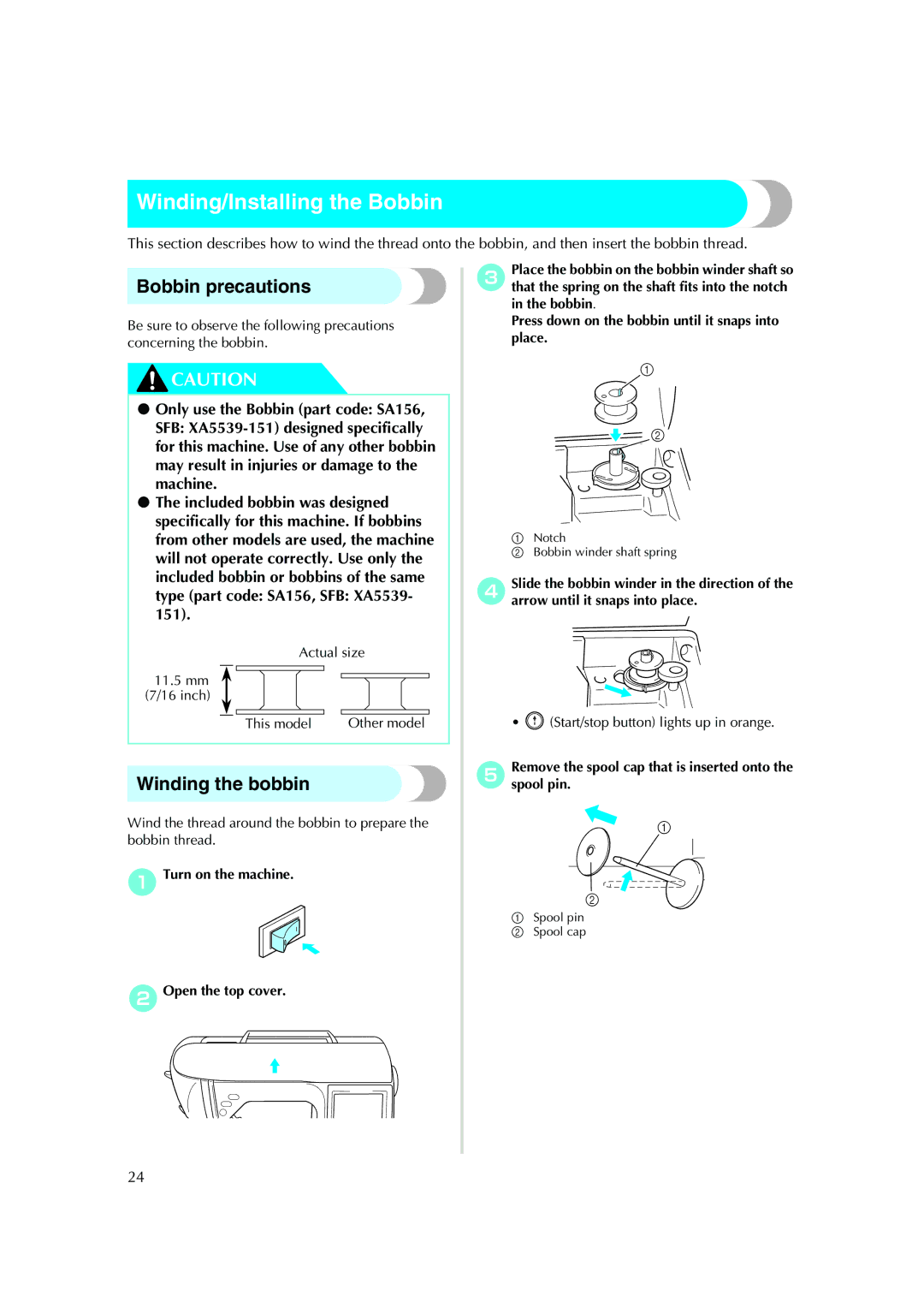 Brother Computerized Embroidery Machine Winding/Installing the Bobbin, Bobbin precautions, Winding the bobbin 